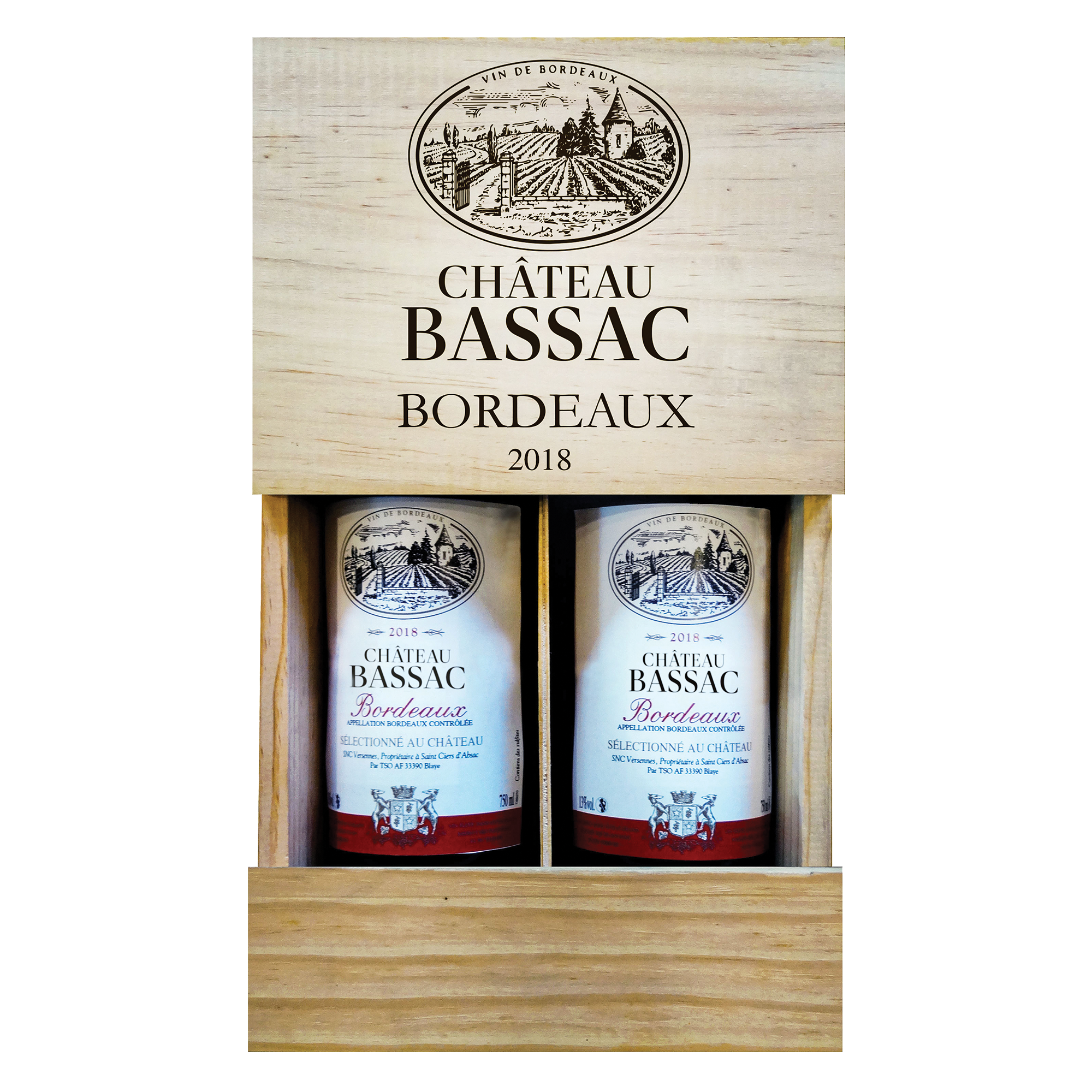 COFFRET BOIS 2 BOUTEILLES CHATEAU BASSAC BORDEAUX ROUGE