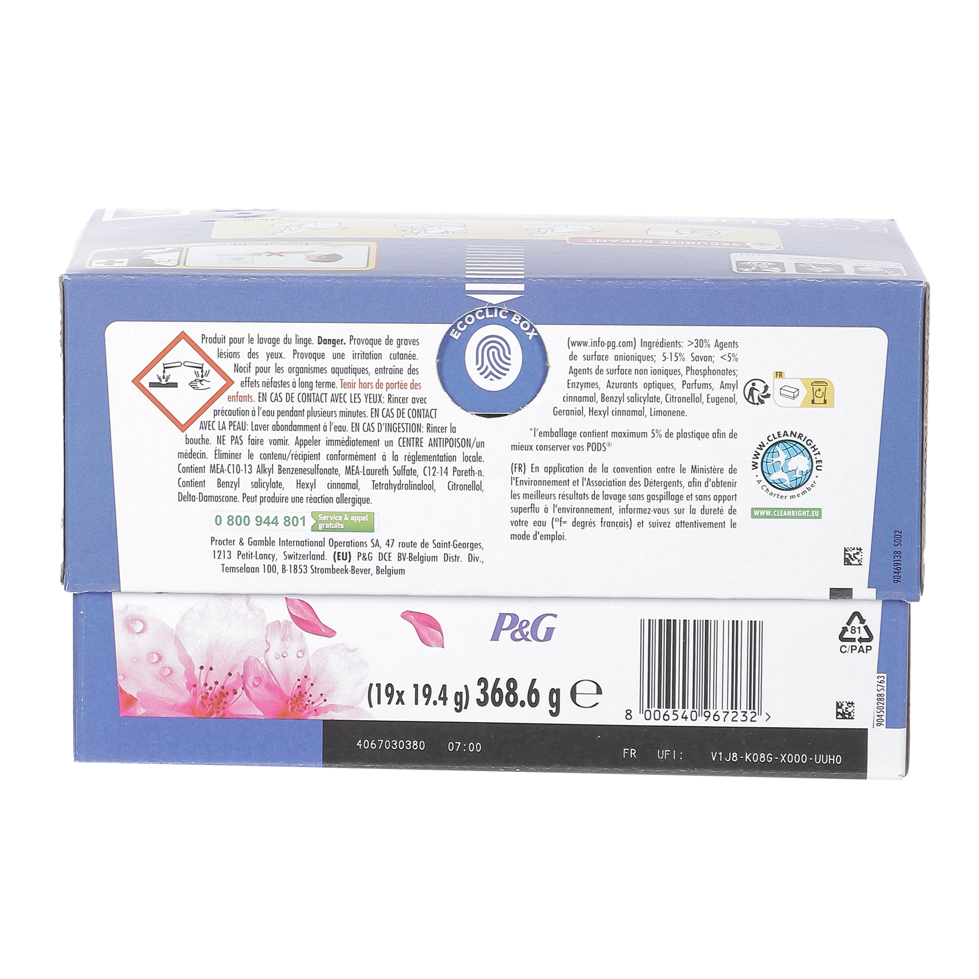 19 capsules lessive tout en 1 fleur cerisier + eau de rose