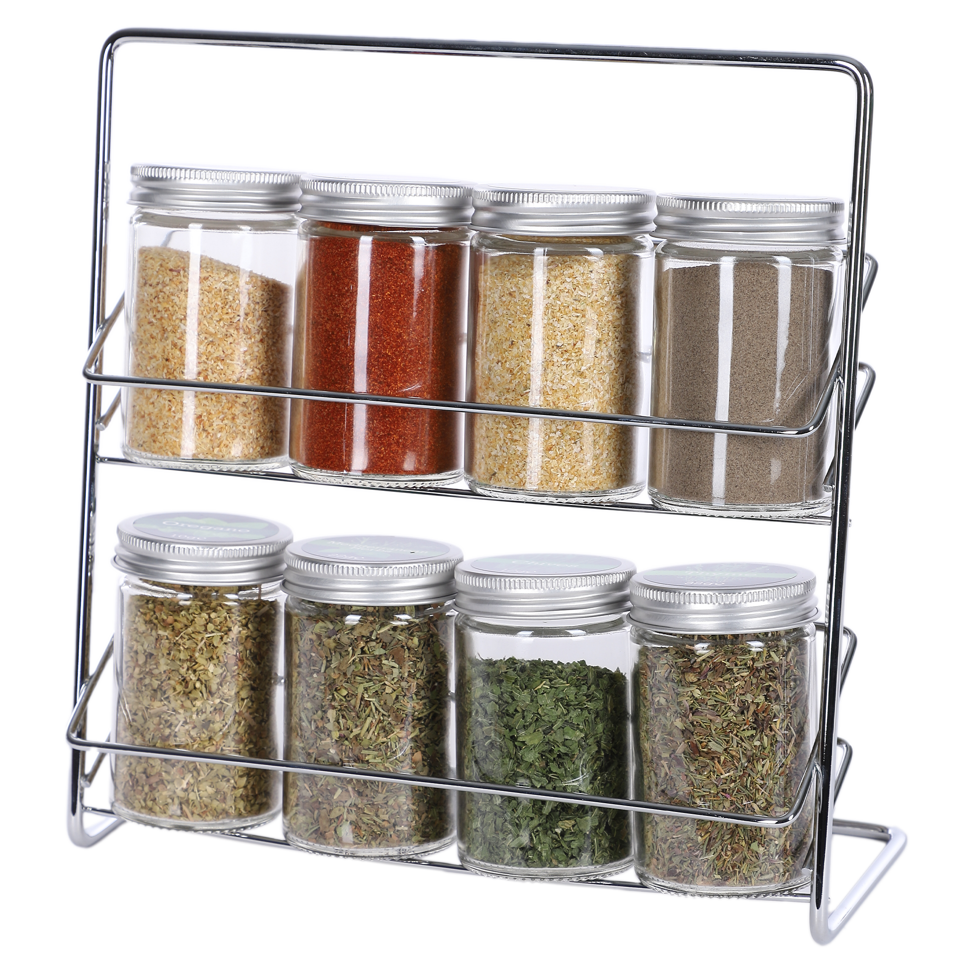 8 pots à épices garnis avec support en métal