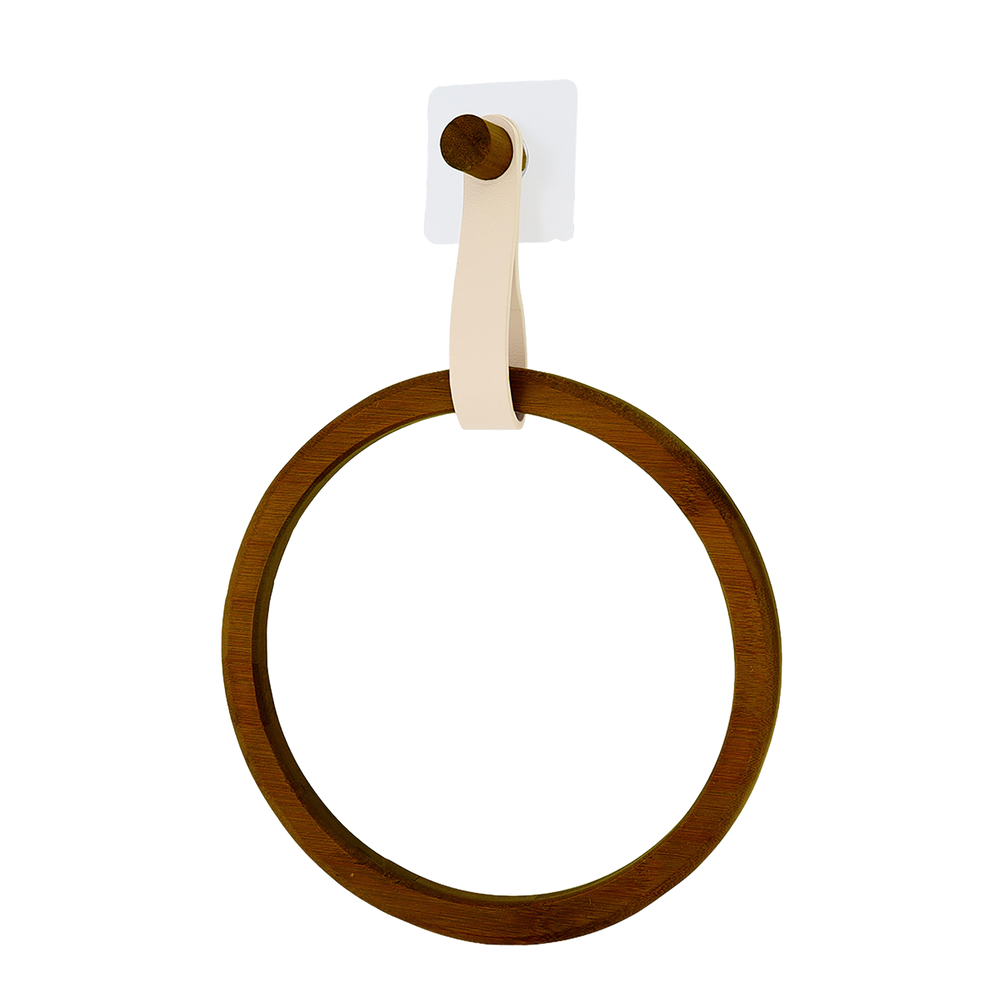 Porte serviette rond en bambou et lanière en simili cuir beige