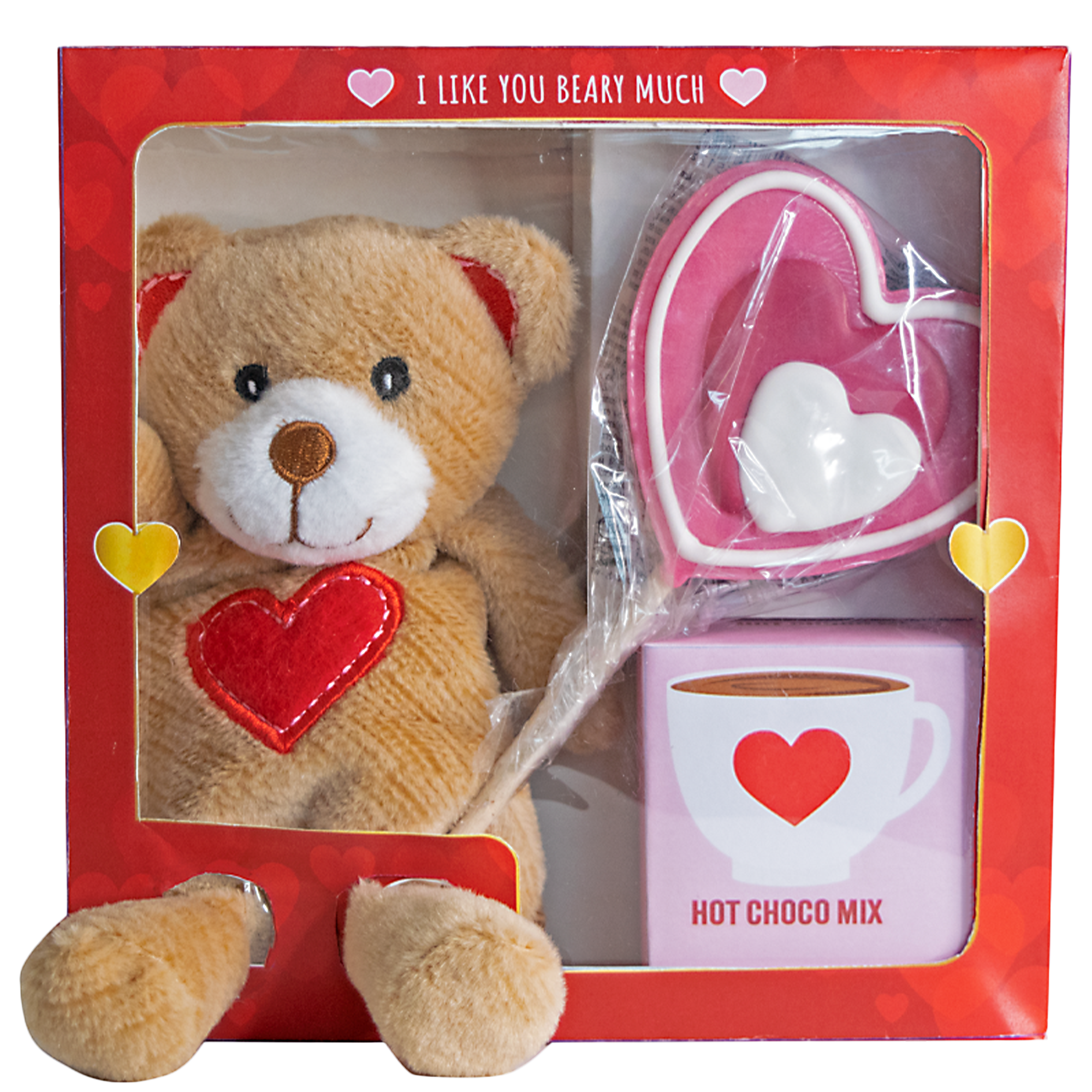 COFFRET LOVELY AVEC PELUCHE ET SUCETTE 75GR ET CHOCO EN POUDRE 20GR