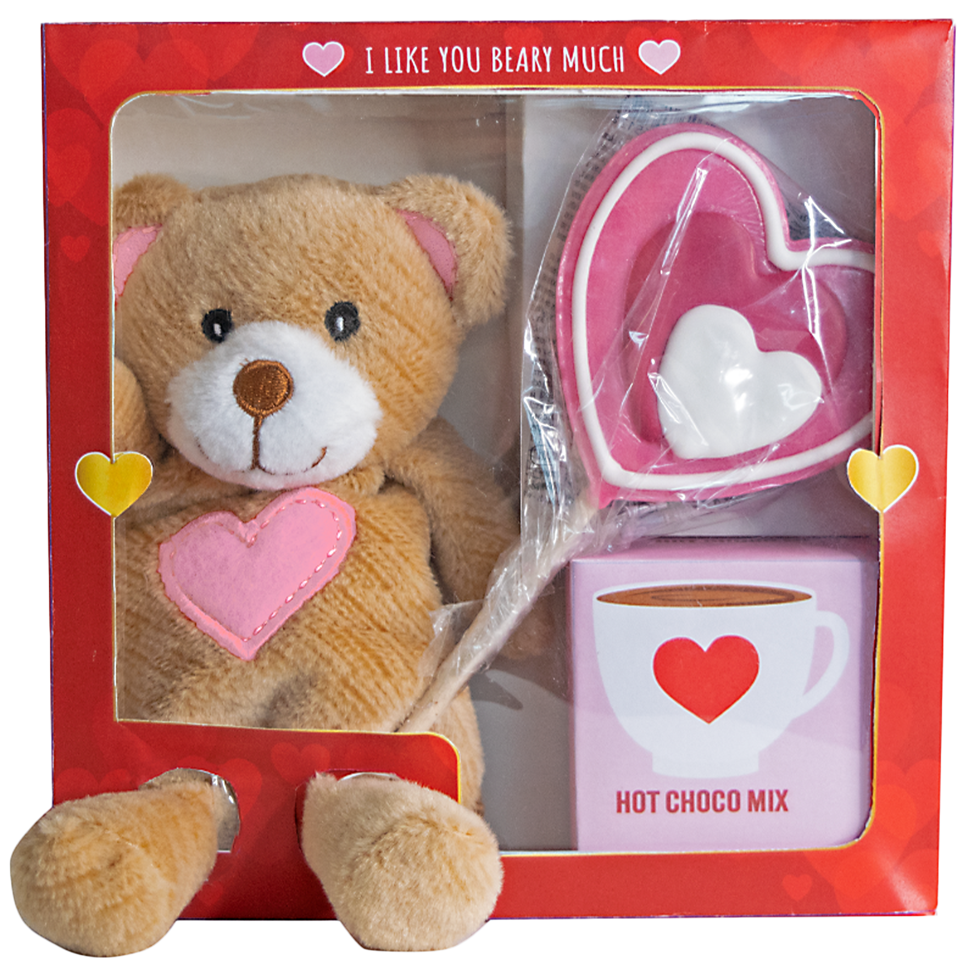 COFFRET LOVELY AVEC PELUCHE ET SUCETTE 75GR ET CHOCO EN POUDRE 20GR