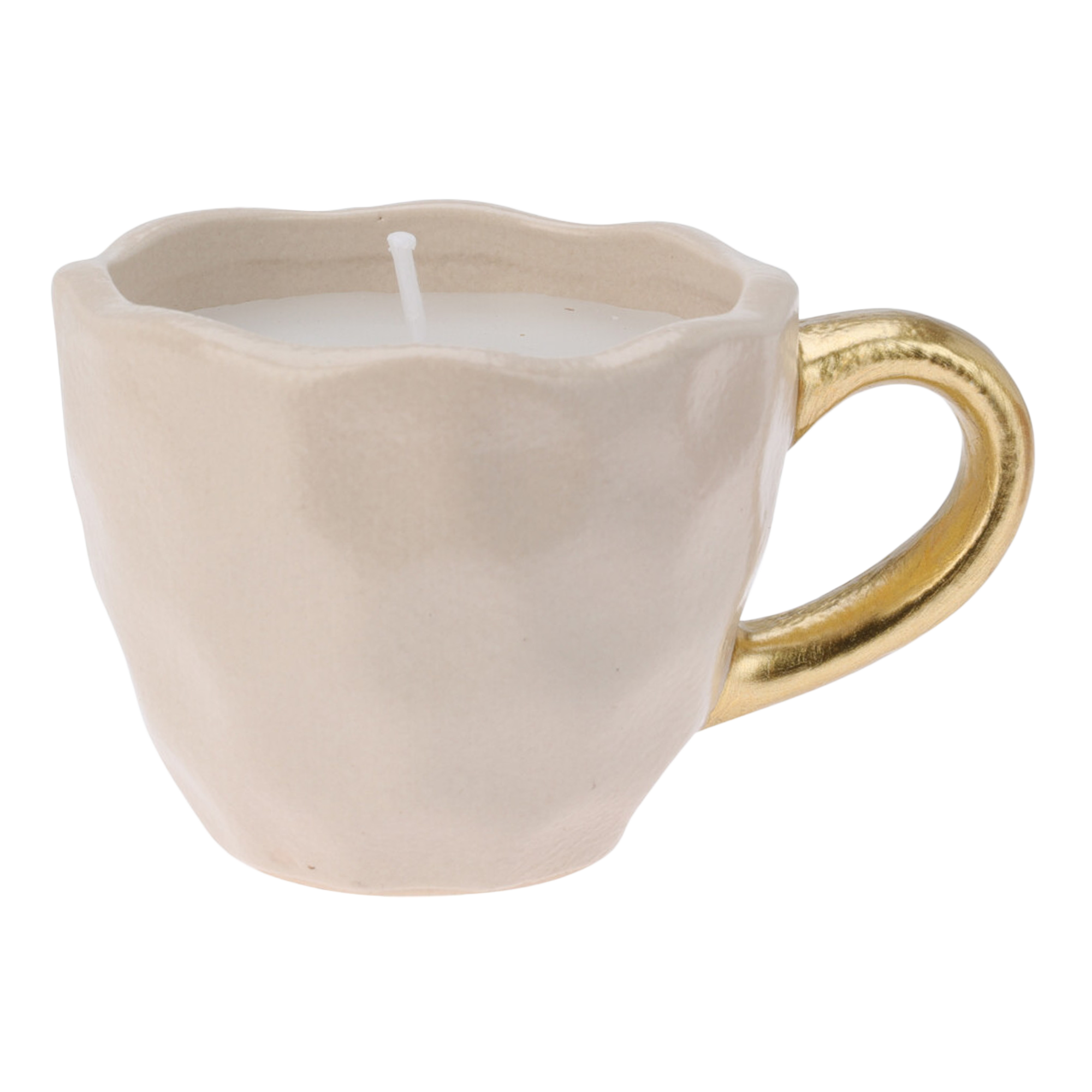 Bougie tasse en céramique avec bord et poignée dorés