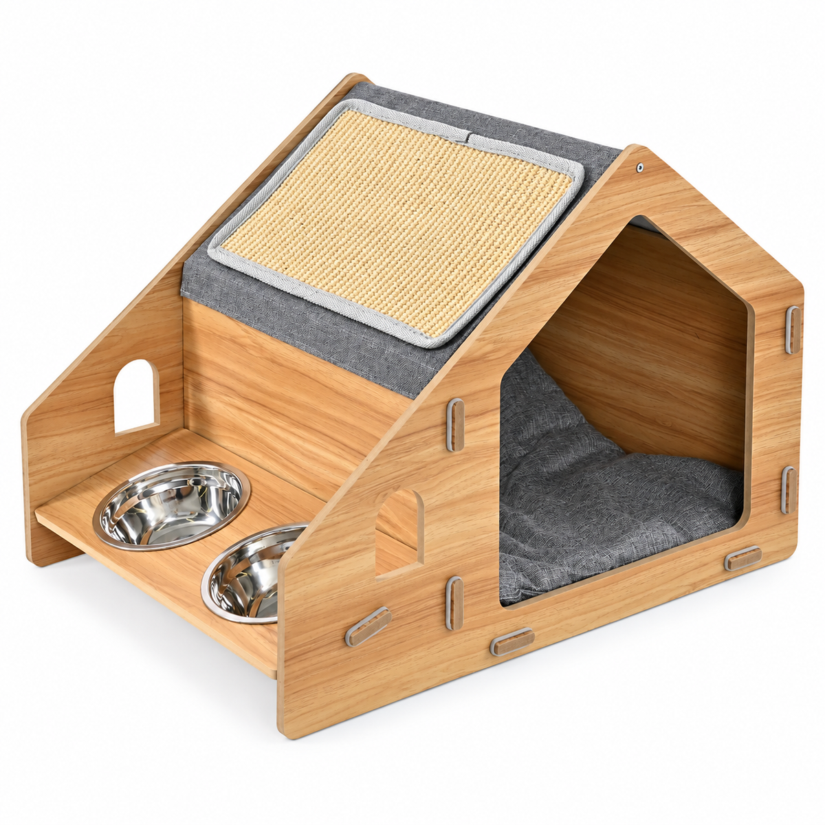 Maison pour chat avec gamelles et griffoir