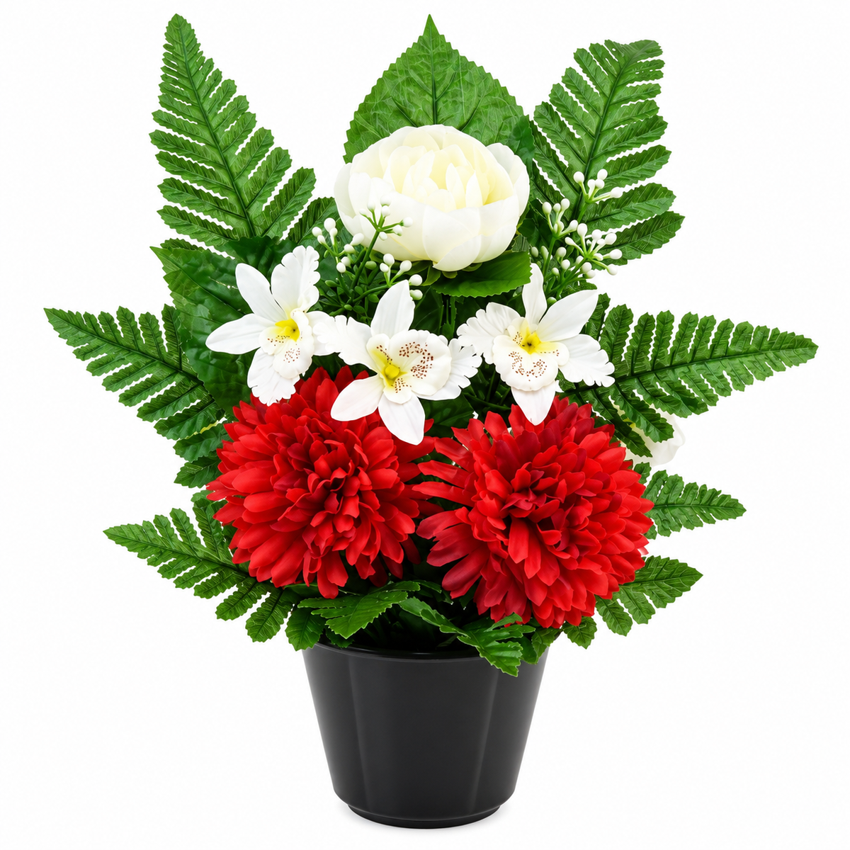 Pot artificiel de chrysanthème, renoncule, orchidée et fougère