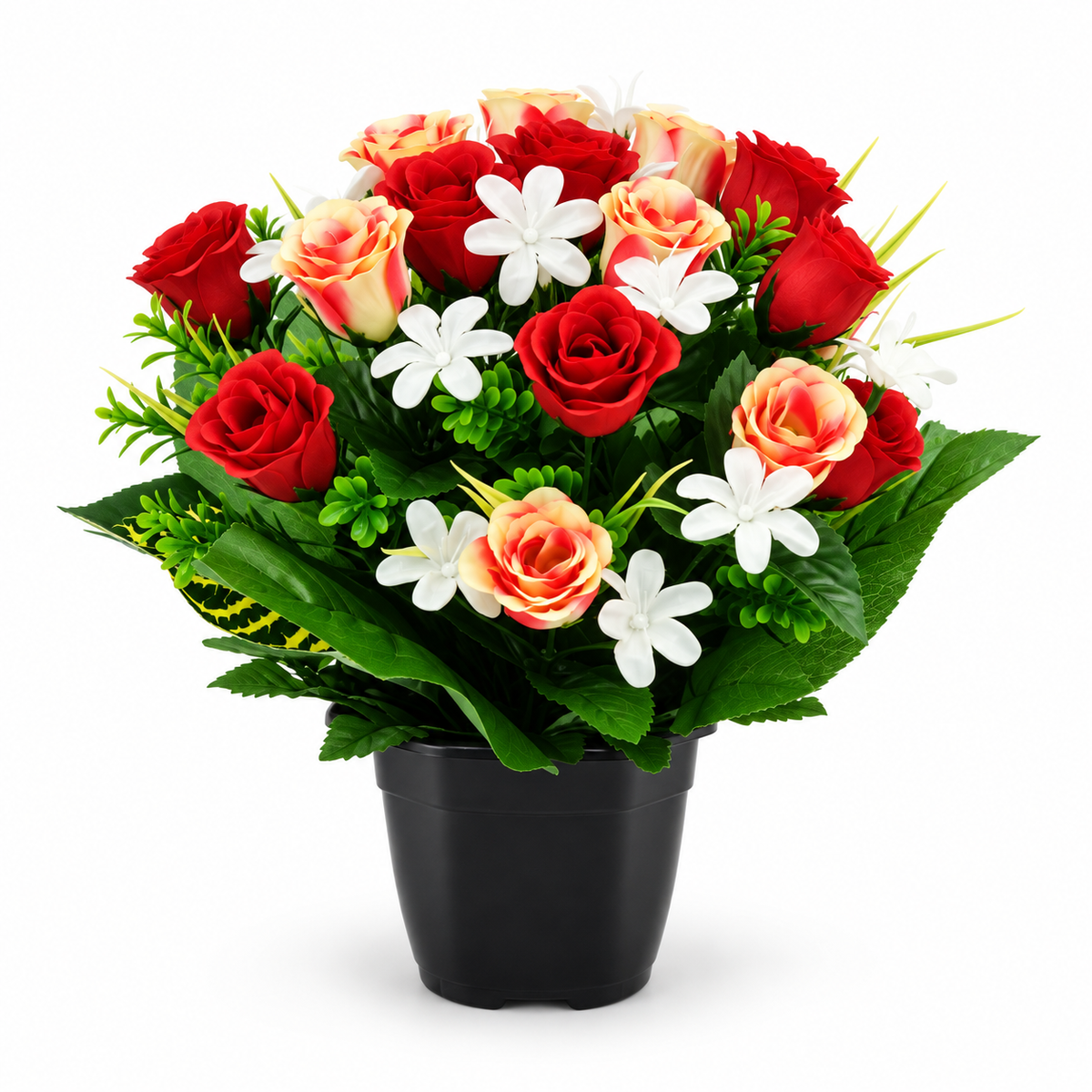 Pot artificiel de bouton de rose, eucalyptus et mini fleurs