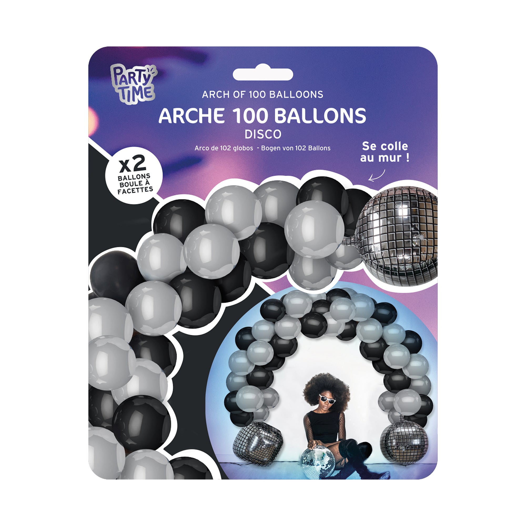 Arche ballons noir et argent et boule à facettes