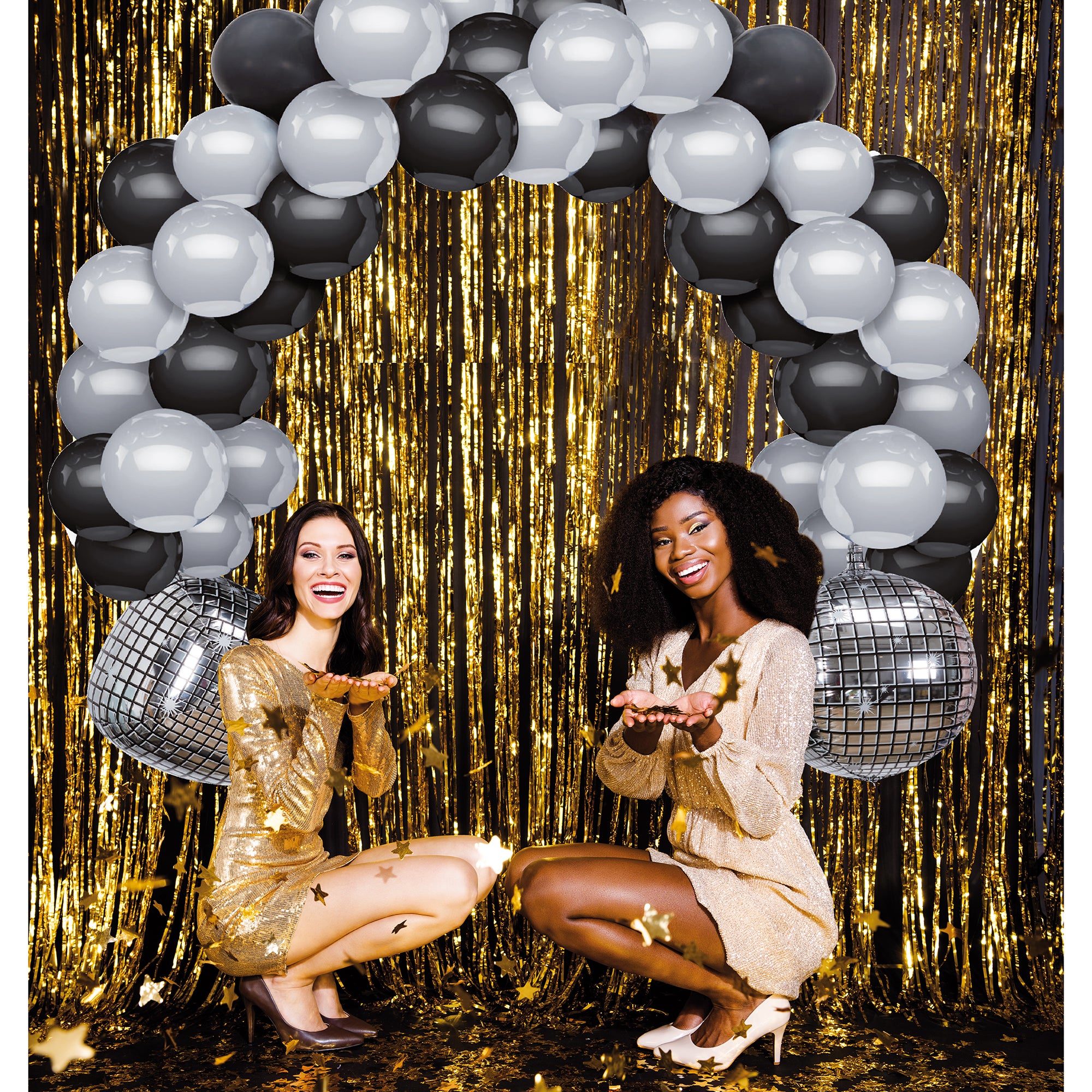 Arche ballons noir et argent et boule à facettes