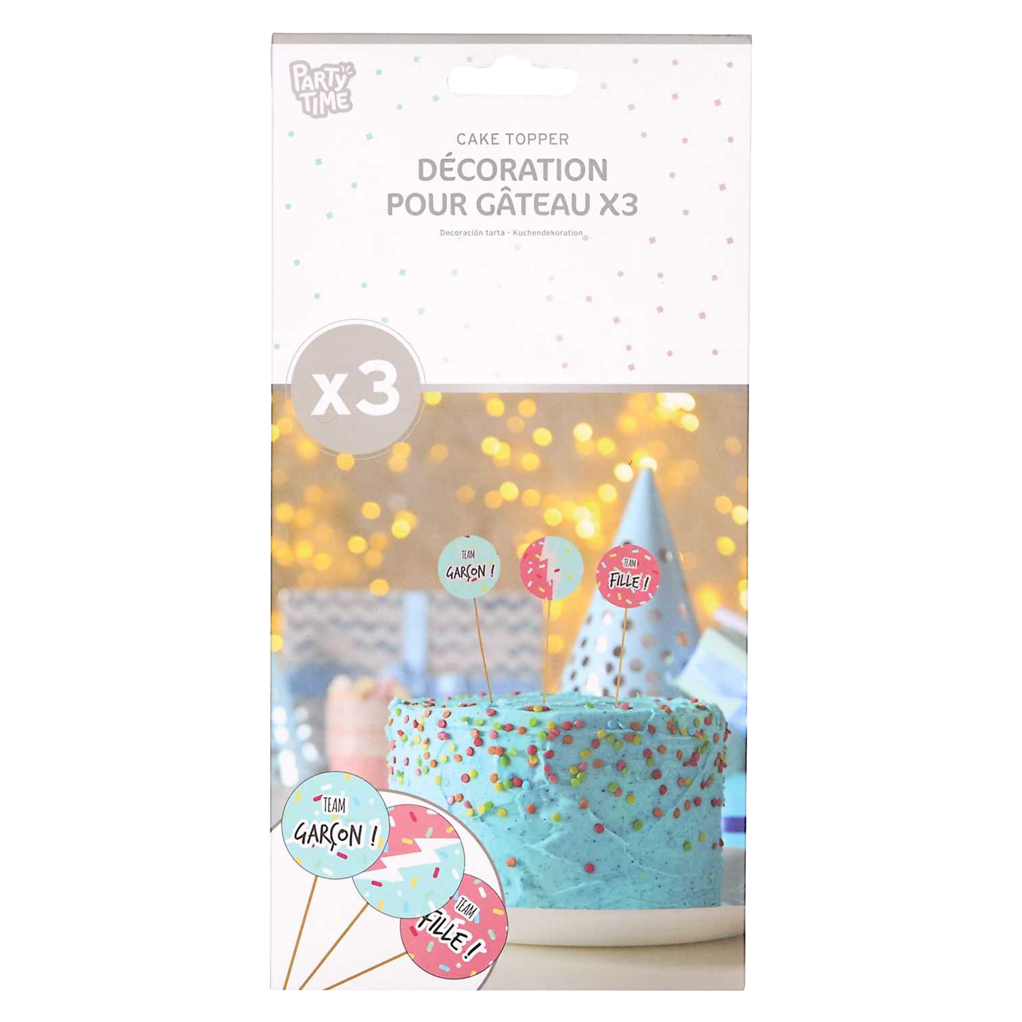 3 décorations de gâteau en carton team fille ou team garçon