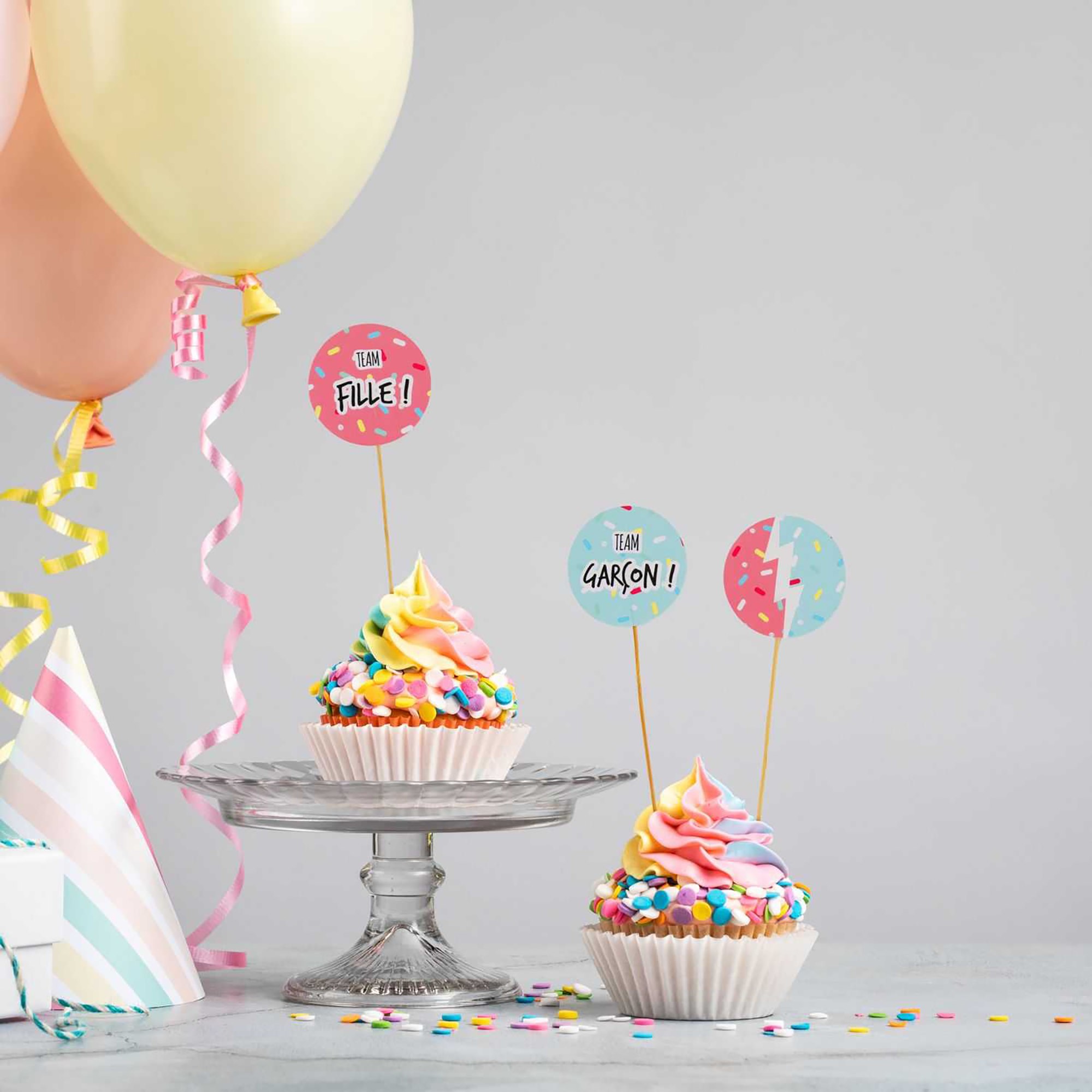 3 décorations de gâteau en carton team fille ou team garçon