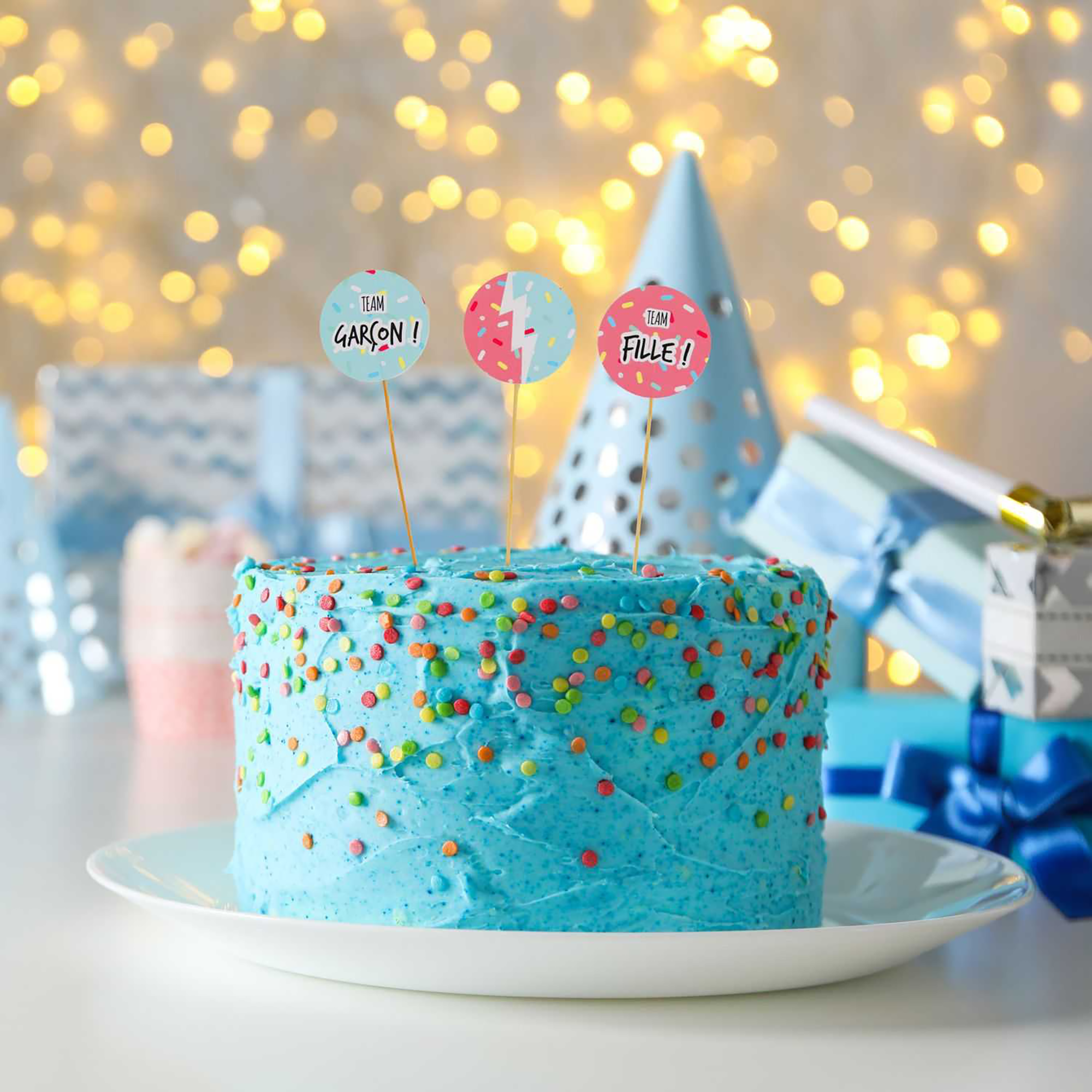 3 décorations de gâteau en carton team fille ou team garçon