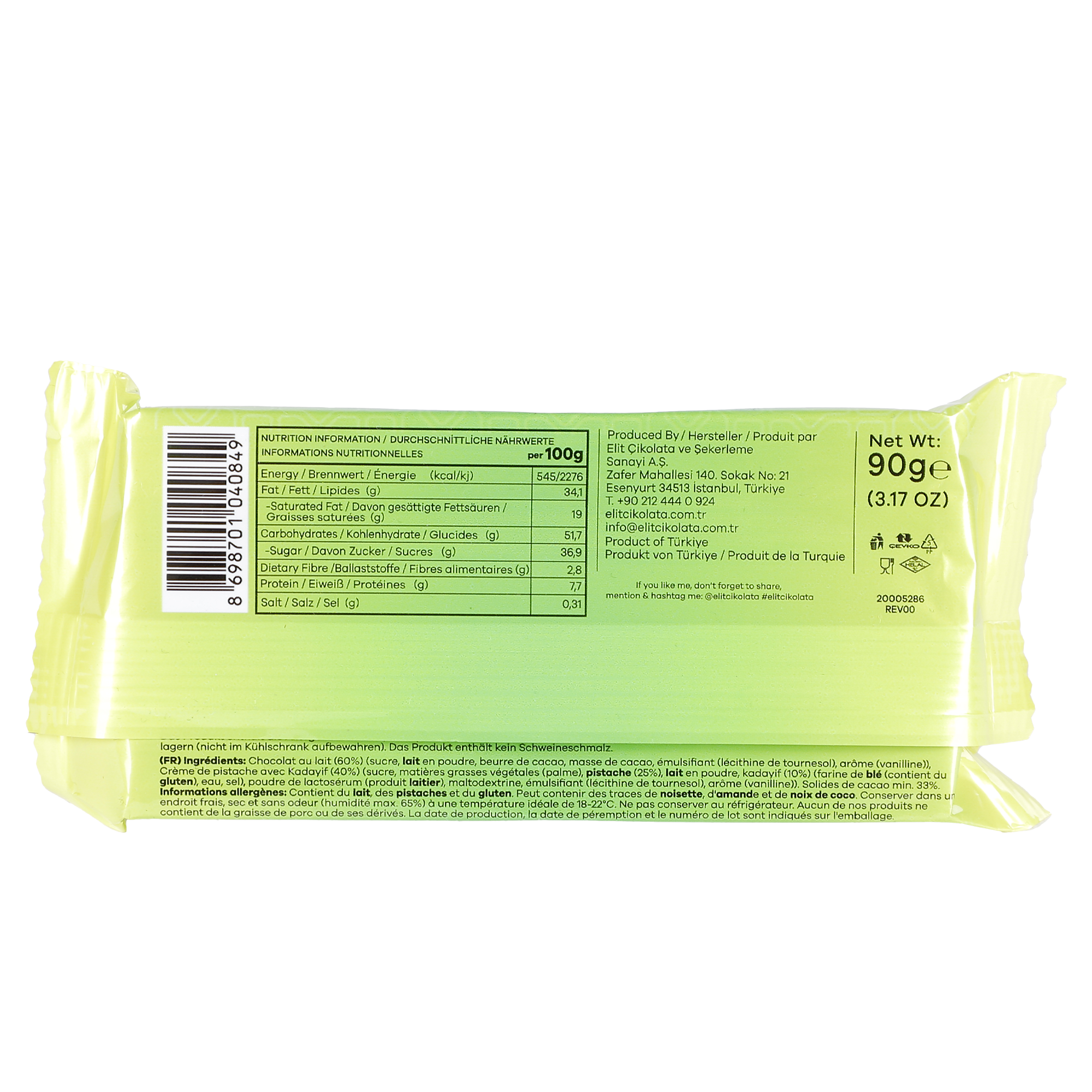 Tablette de chocolat de Dubaï crème de pistache et kadaif