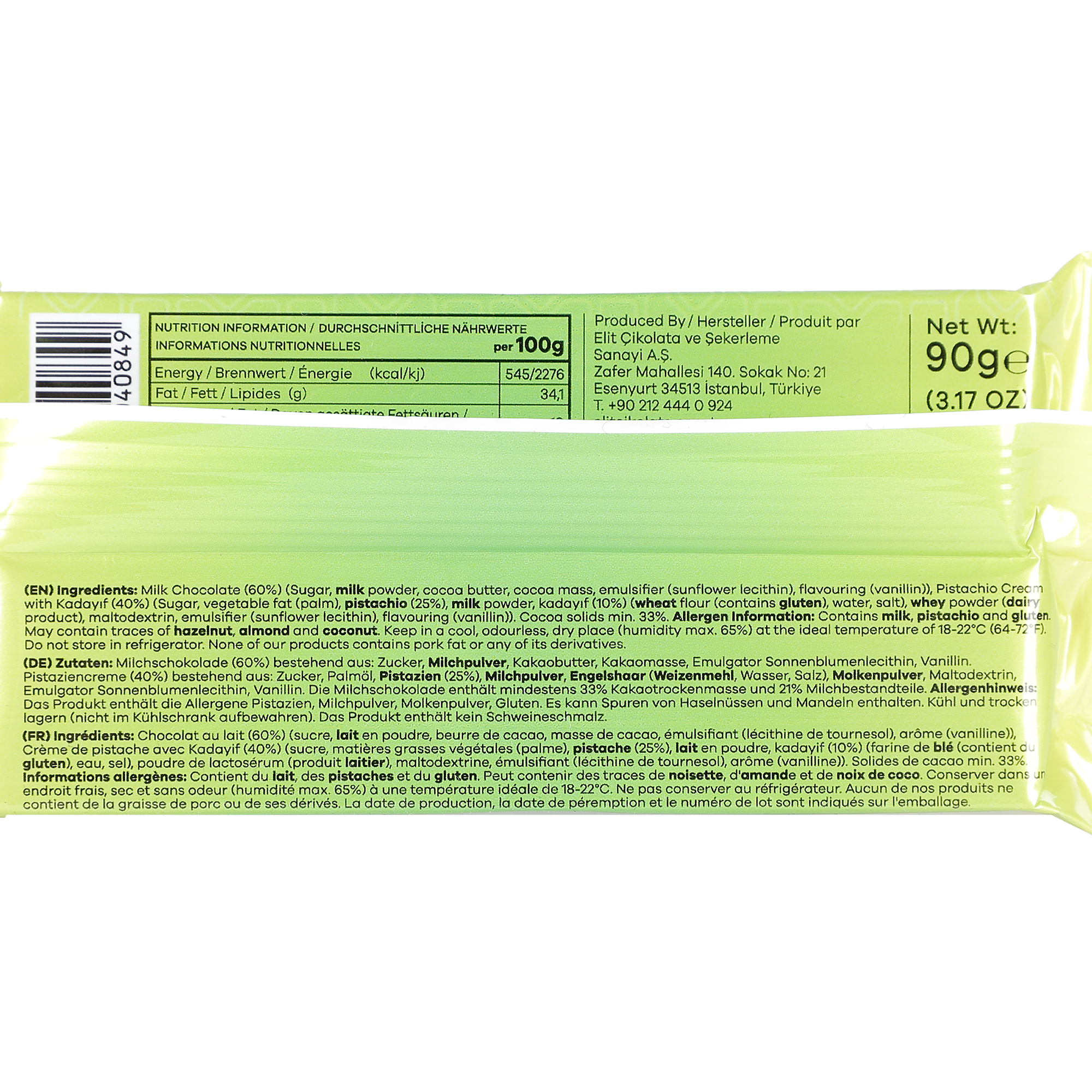 Tablette de chocolat de Dubaï crème de pistache et kadaif