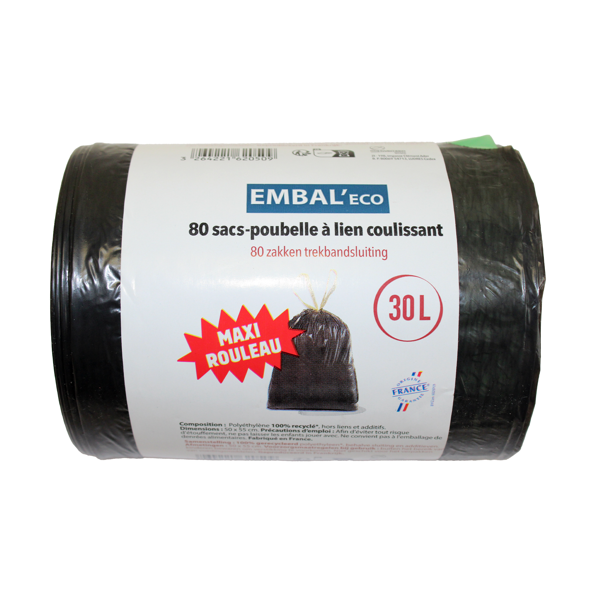 80 sacs poubelle 30L avec lien coulissant