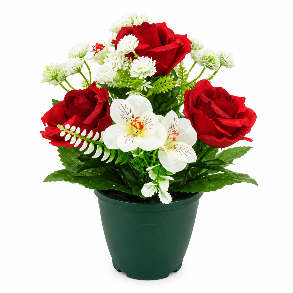 Pot artificiel de rose, astromeria et gypsophile