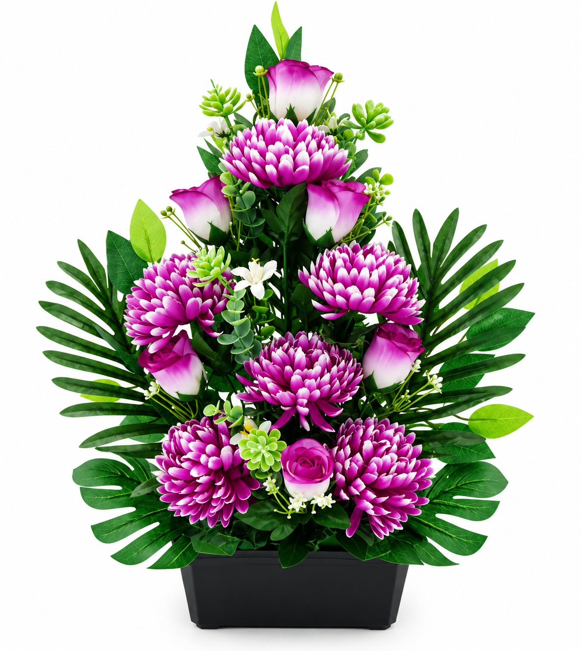 Jardinière artificielle de chrysanthème, bouton de rose, ficus et mini fleurs