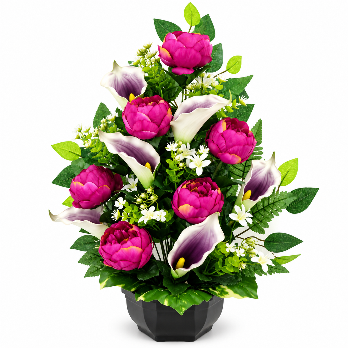 Vasque artificielle de pivoine, arum, ficus et mini fleurs