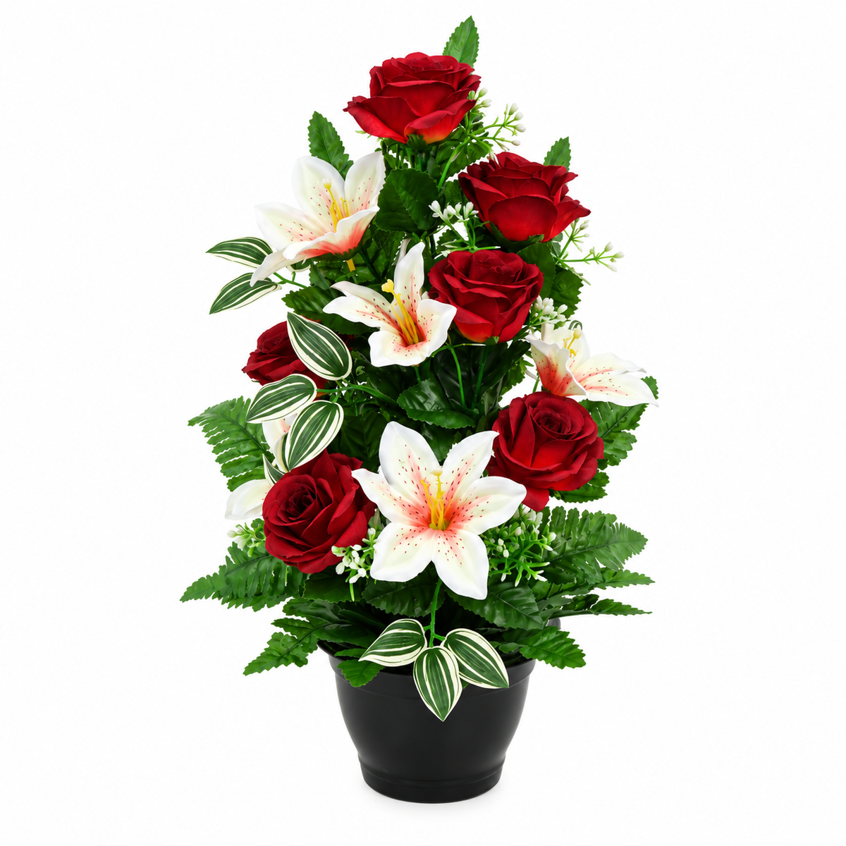 Pot artificiel de rose, lys et gypsophile