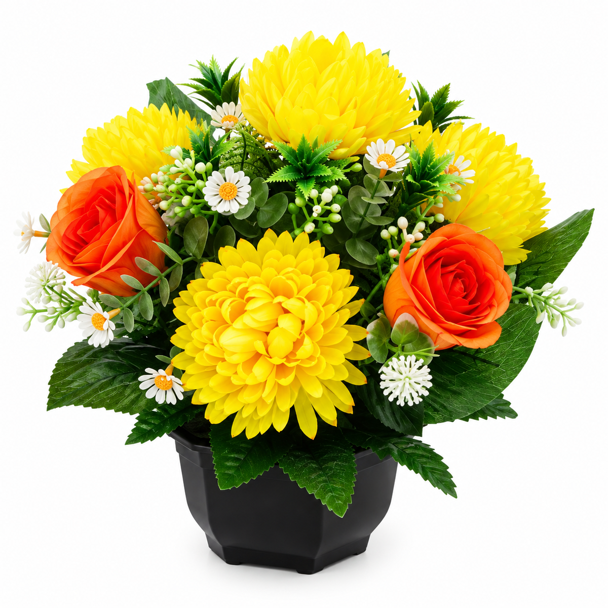 Vasque artificielle de Chrysanthème, bouton de rose et eucalyptus