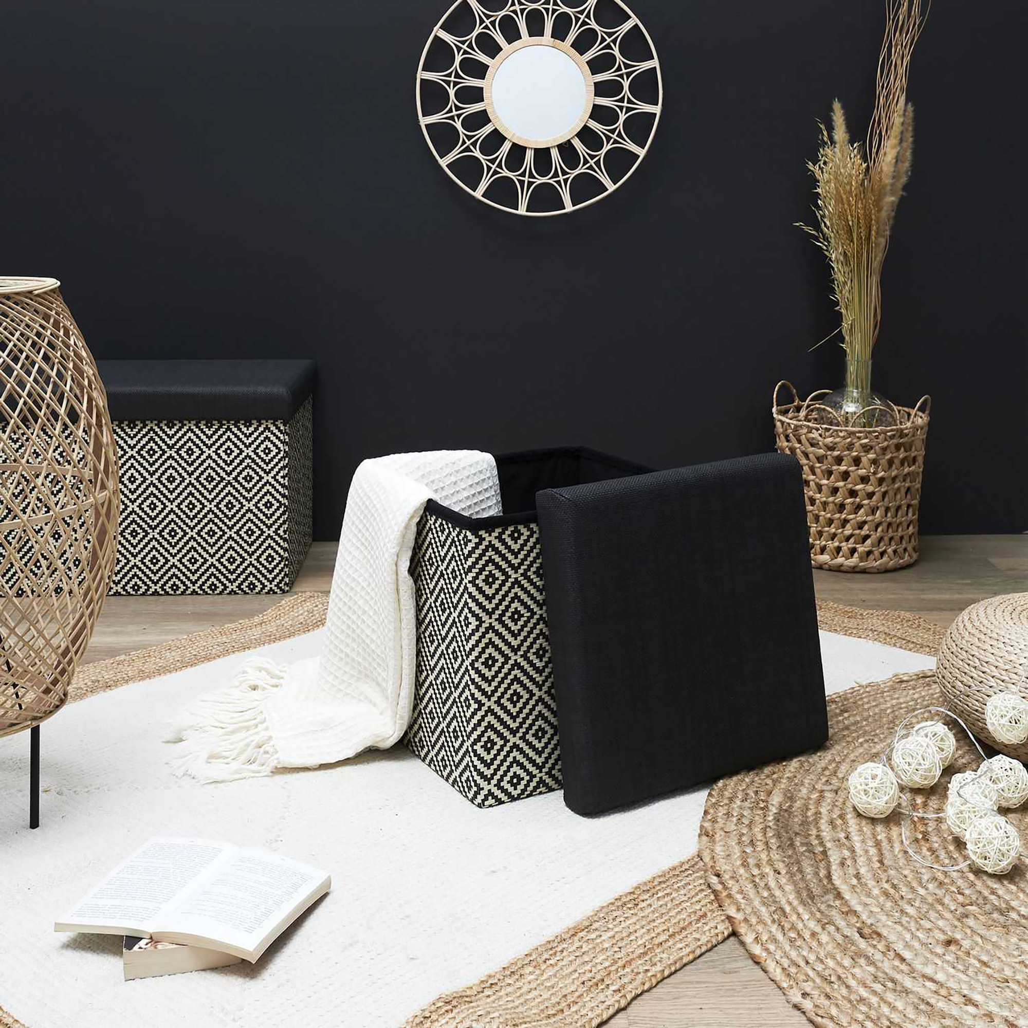 Coffre pouf pliable tresse noir