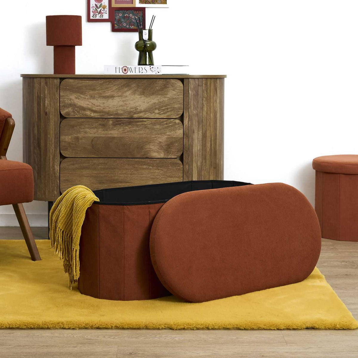 Coffre-banc pliable Jules côtelé Home Deco Factory, terracotta