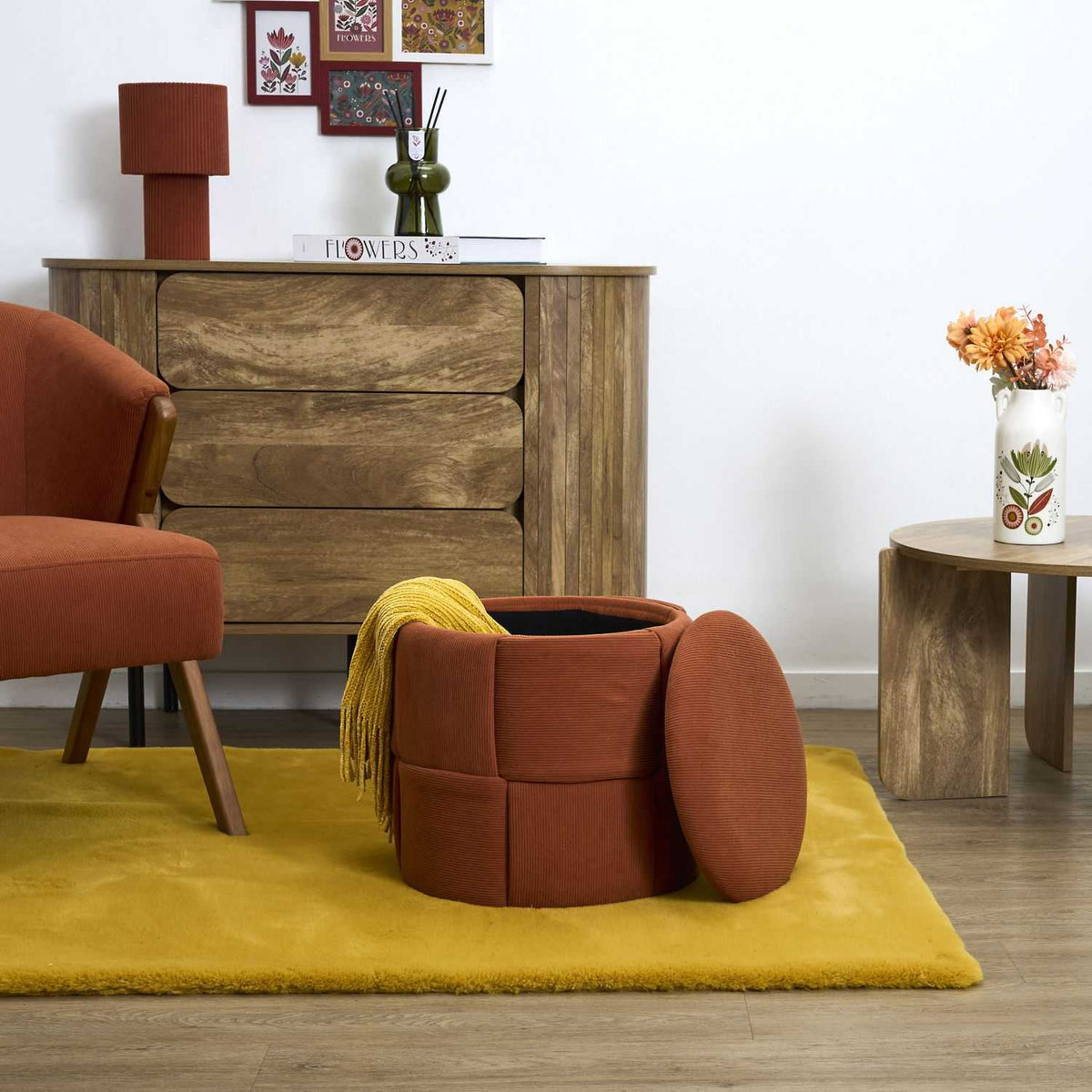 Pouf de rangement Jules tressé côtelé Home Deco Factory, terracotta