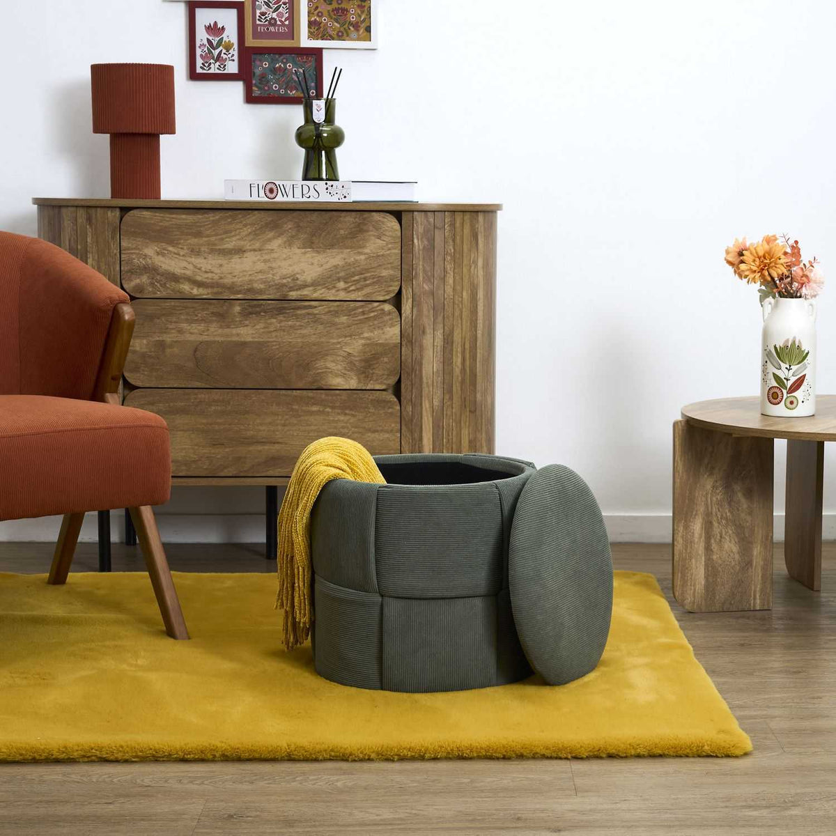 Pouf de rangement Jules tressé côtelé Home Deco Factory, vert