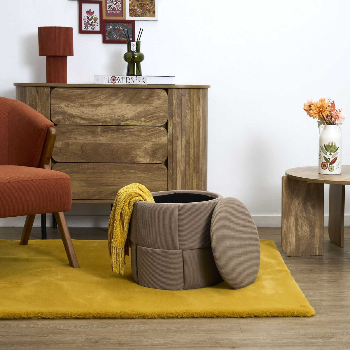 Pouf de rangement Jules tressé côtelé Home Deco Factory, taupe