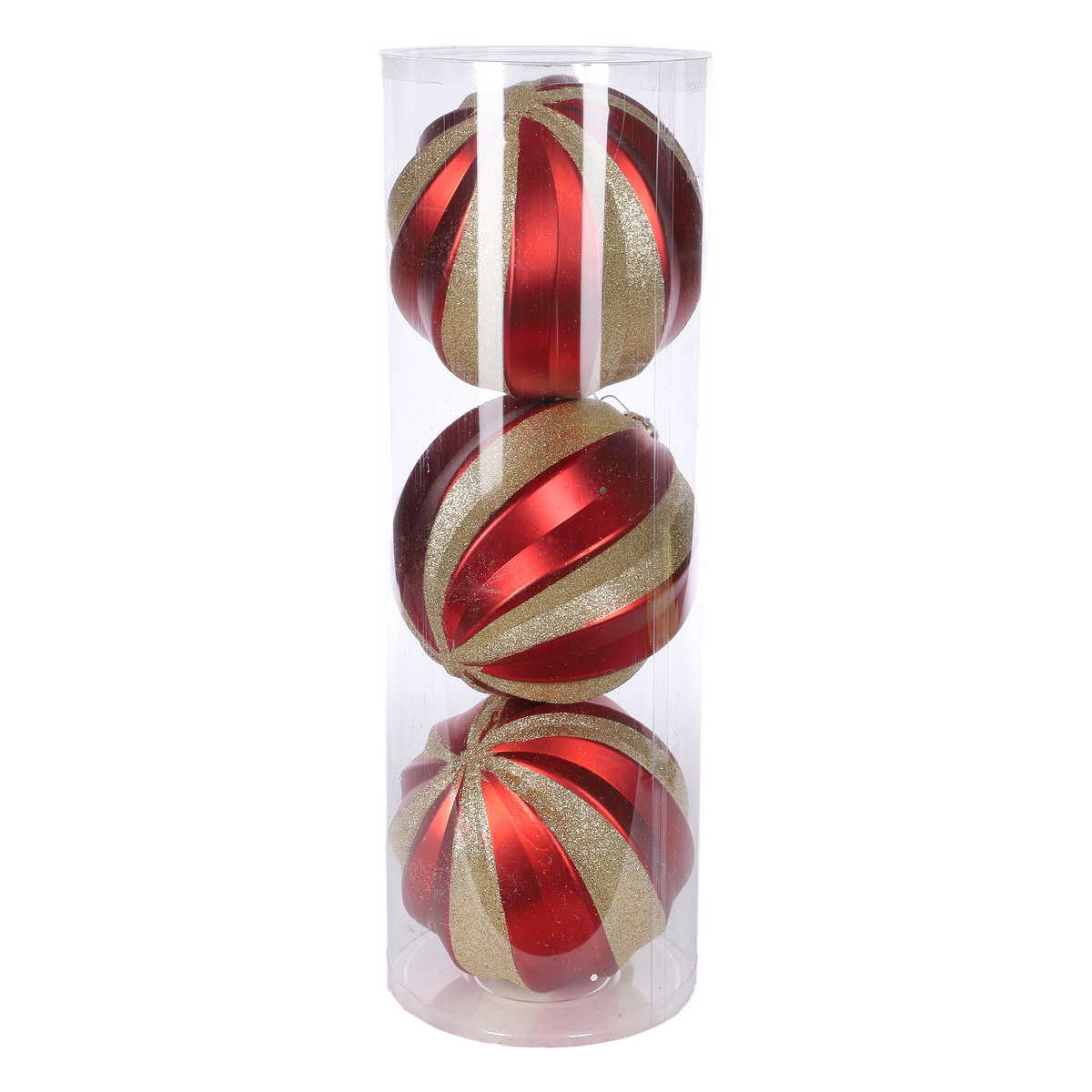 Lot de 3 boules de Noël à rayures rouge et doré 15 cm