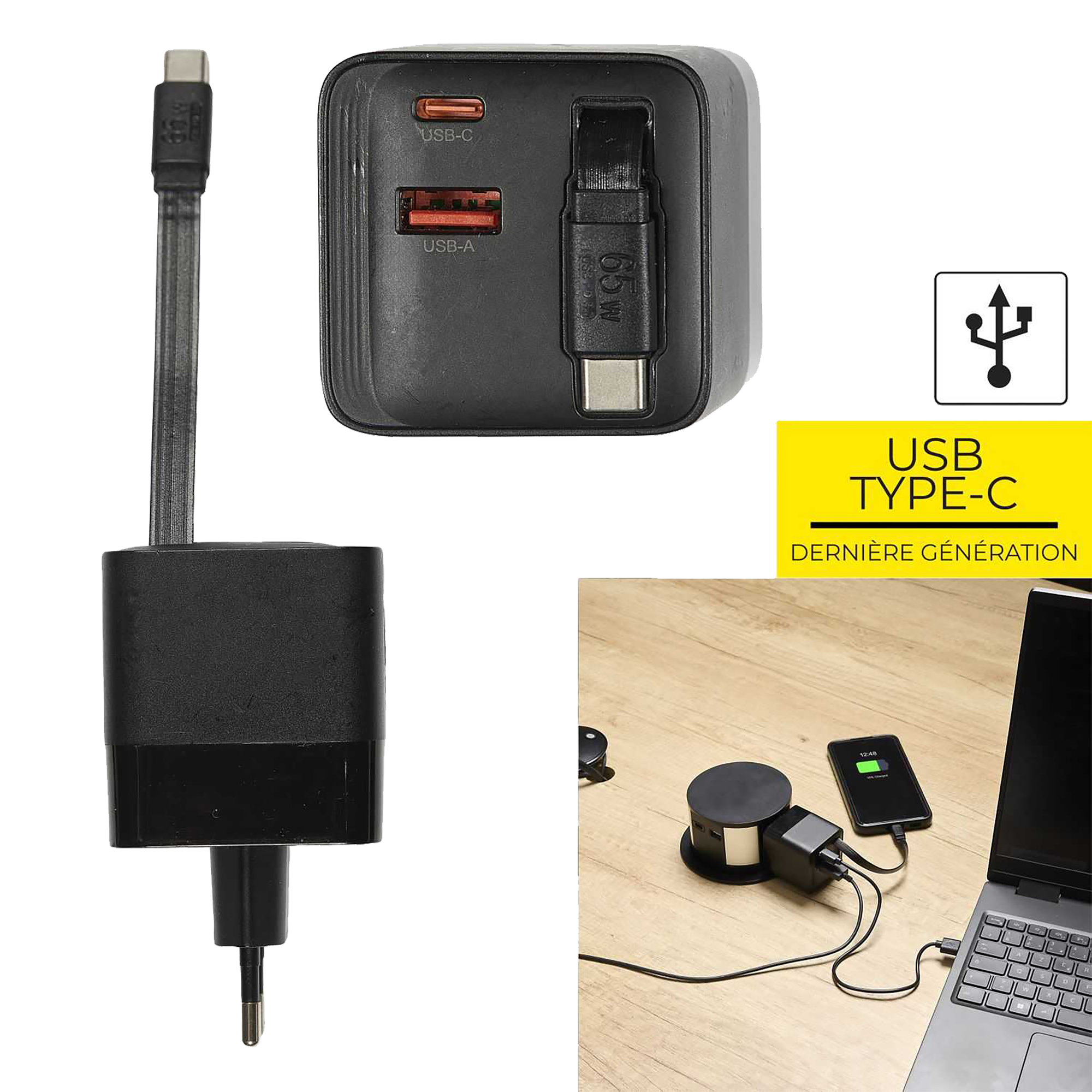 Adaptateur secteur port USB et type C
