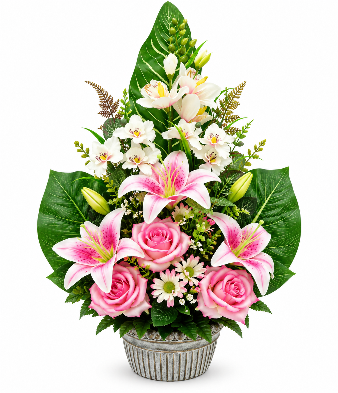 Vasque en ciment avec roses, lys et orchidée – 38 × 38 × H. 56 cm