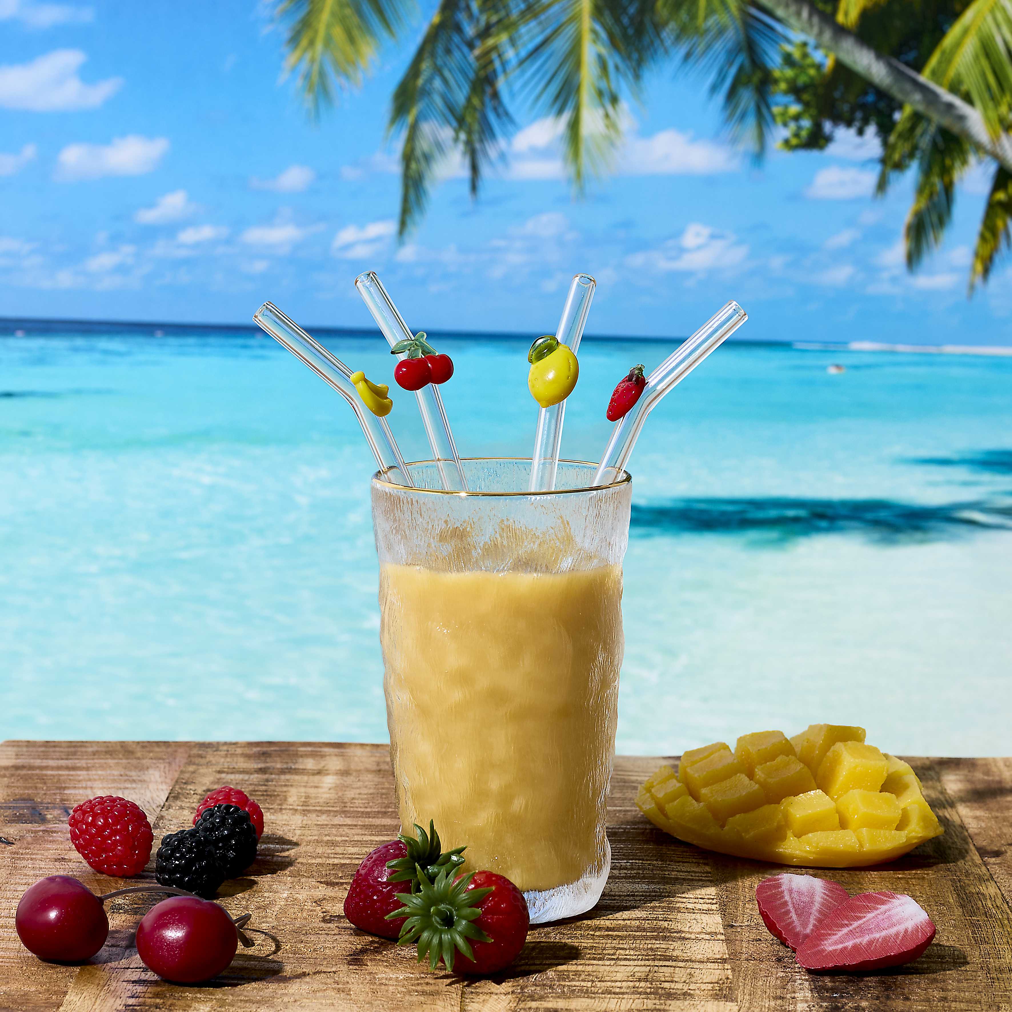 4 pailles en verre forme fruits avec goupillon