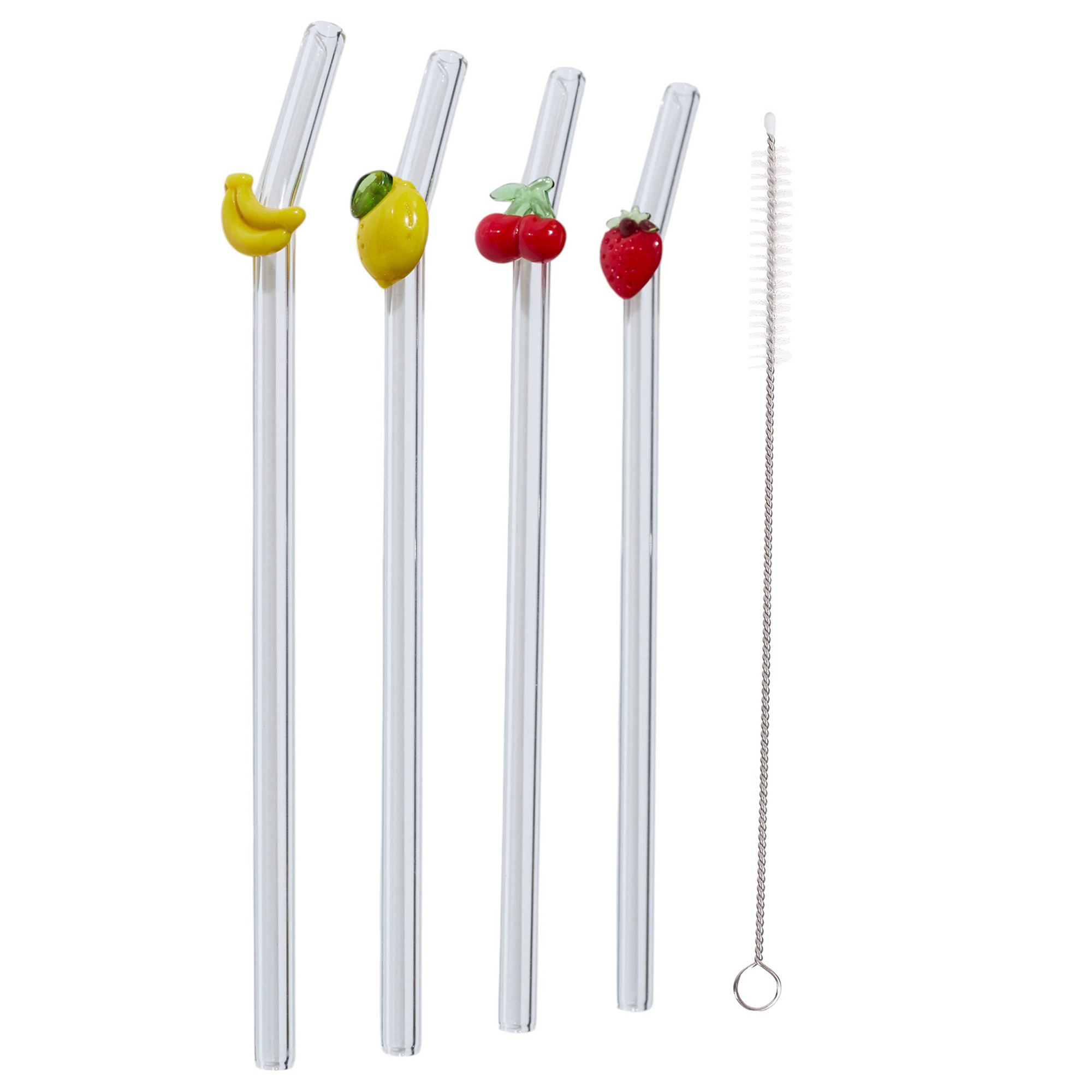 4 pailles en verre forme fruits avec goupillon