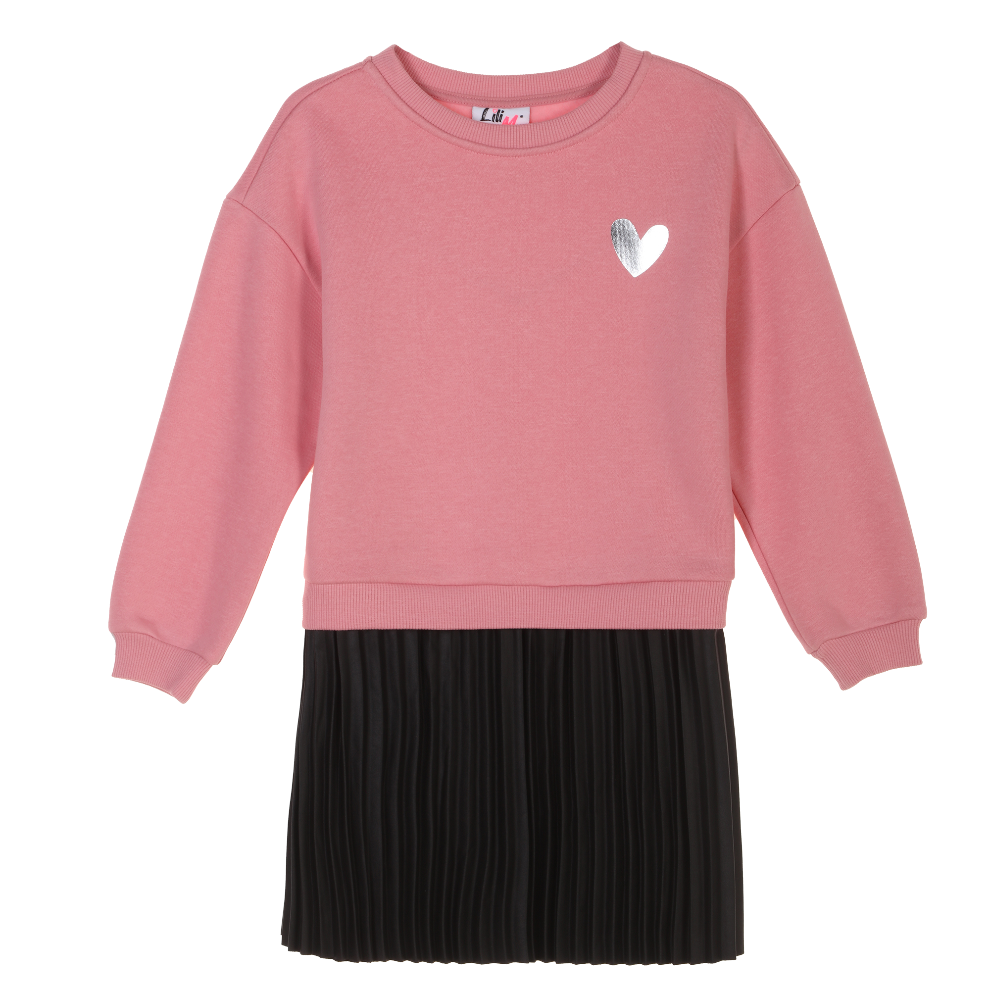 Robe sweat avec jupe plissée simili cuir 3/12 ans - Rose