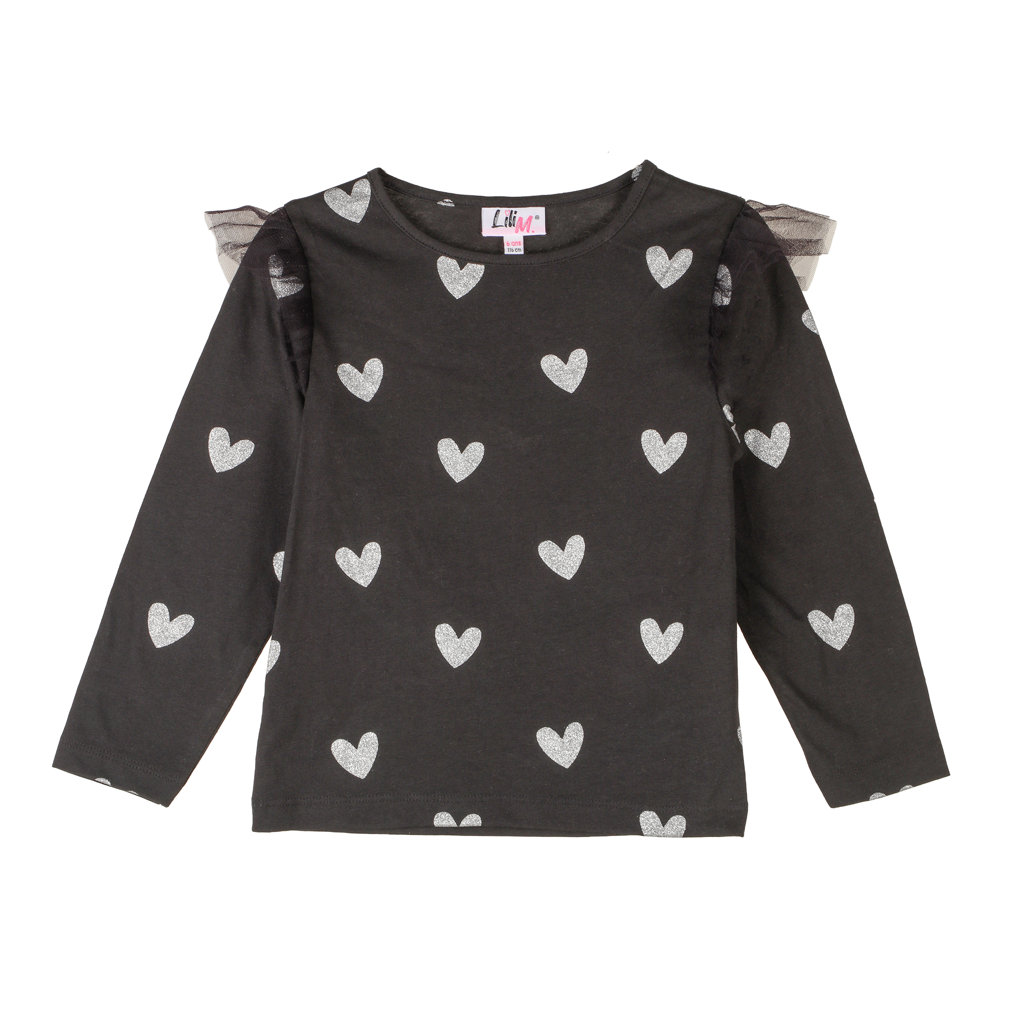 Tee-shirt manches longues à volants 3-12 ans  - Noir