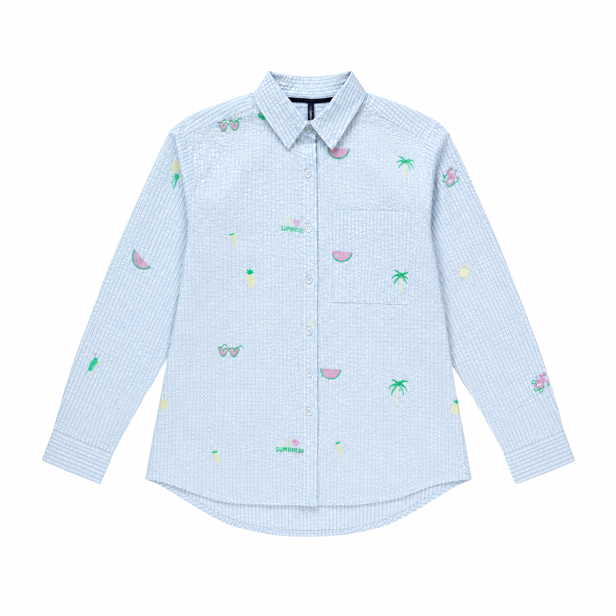 Chemise manches longues avec broderies - Bleu