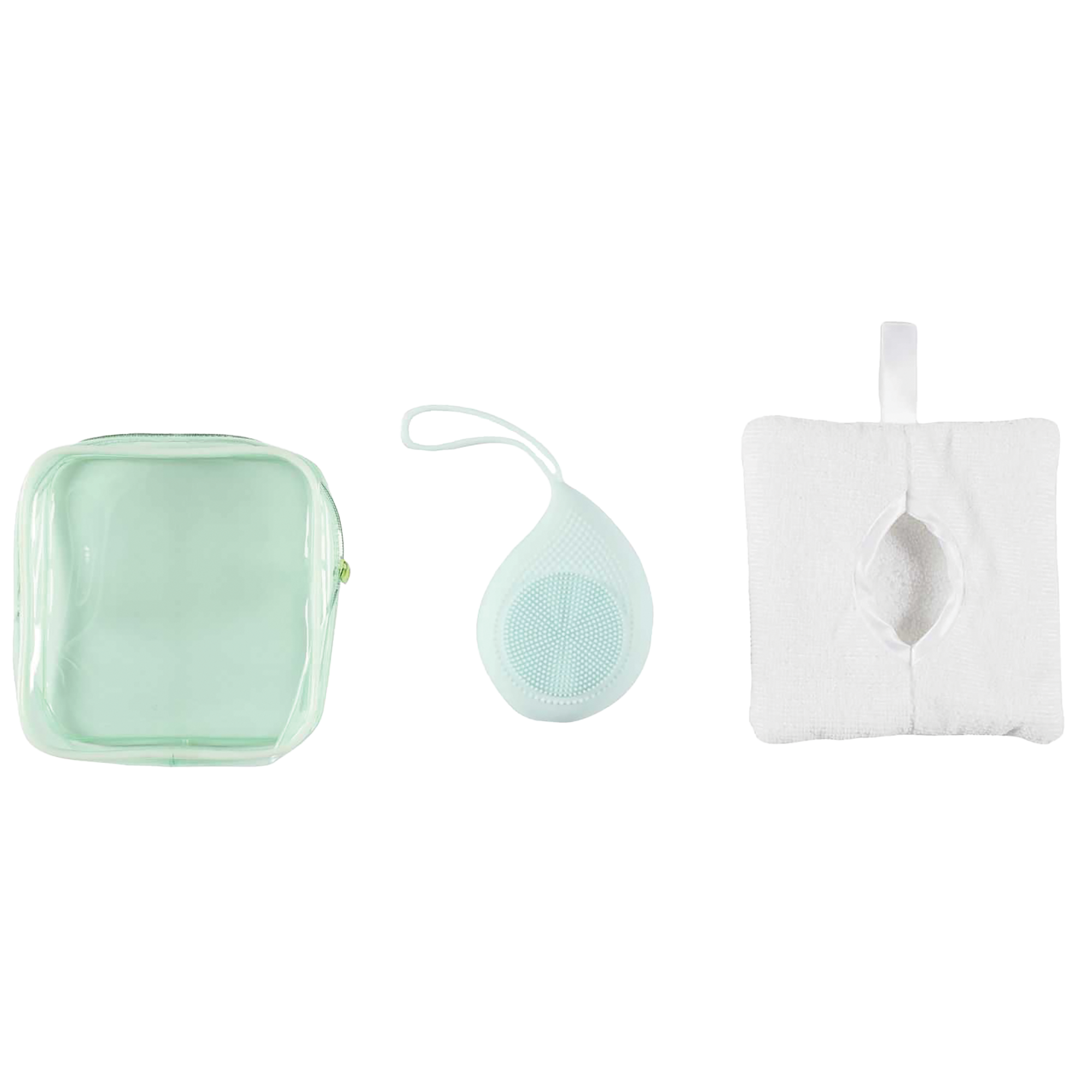 Eponge en silicone, gant à démaquiller et une trousse