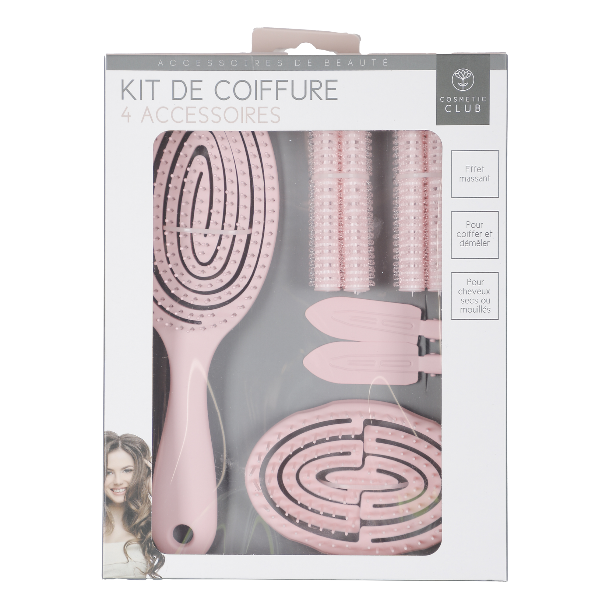 Coffret coiffure : 1 brosse, 1 brosse de transport, 2 bigoudis et 2 pinces