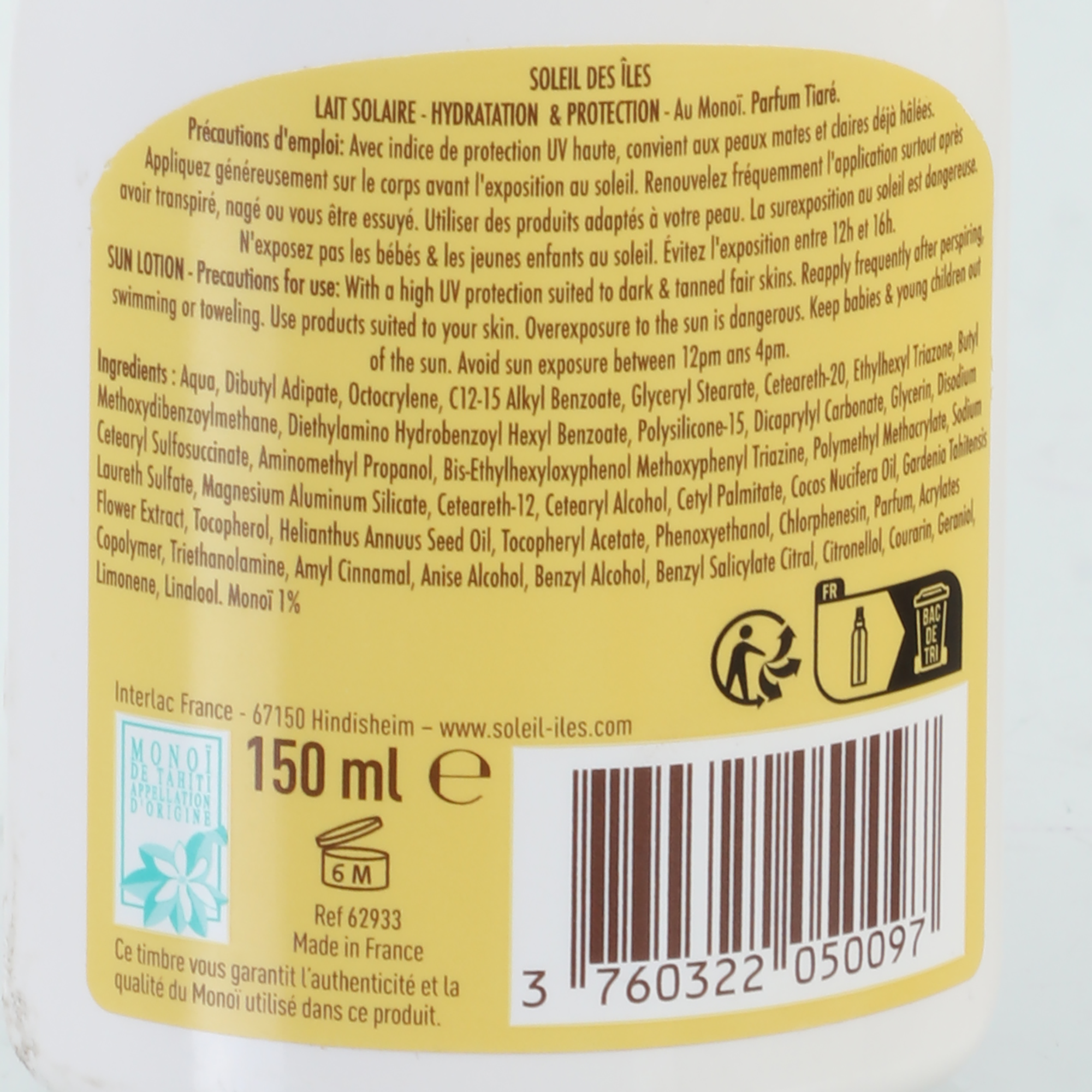 Lait solaire bronzage & protection au Monoï de Tahiti SPF30