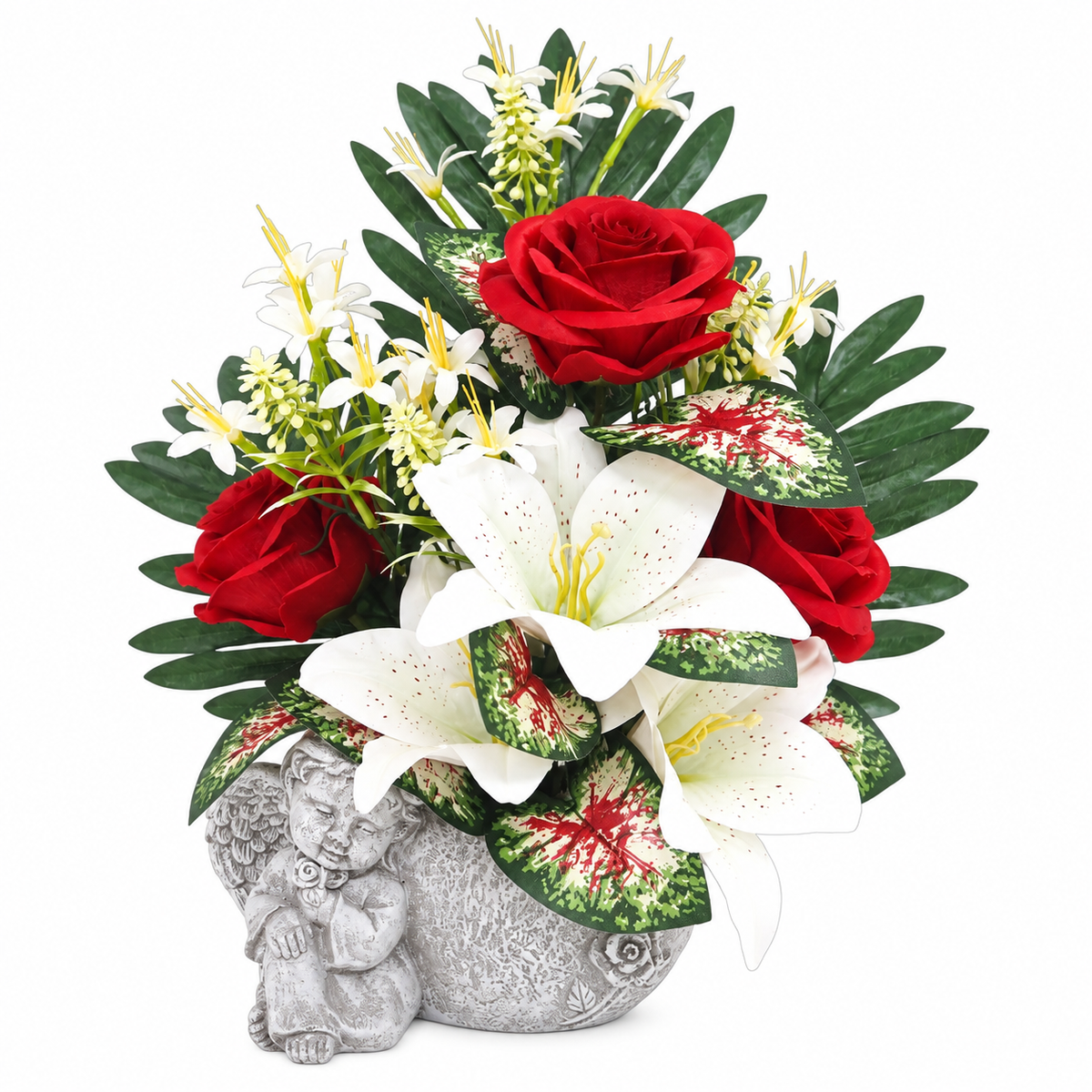 Composition lys, roses et palmes en pot ange cœur ciment – H. 41 cm