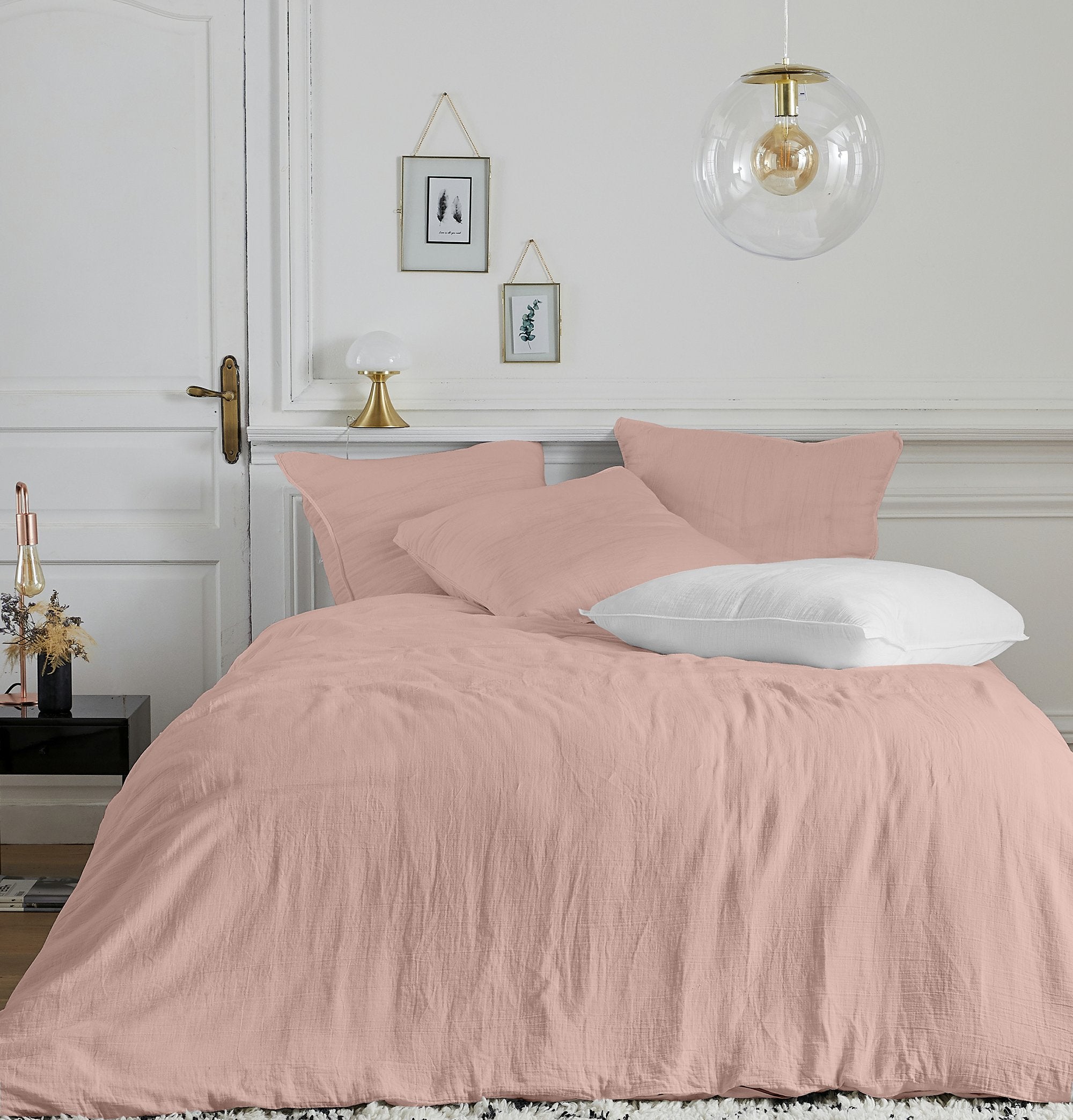 Housse de couette gaze de coton rose + 2 taies d'oreillers