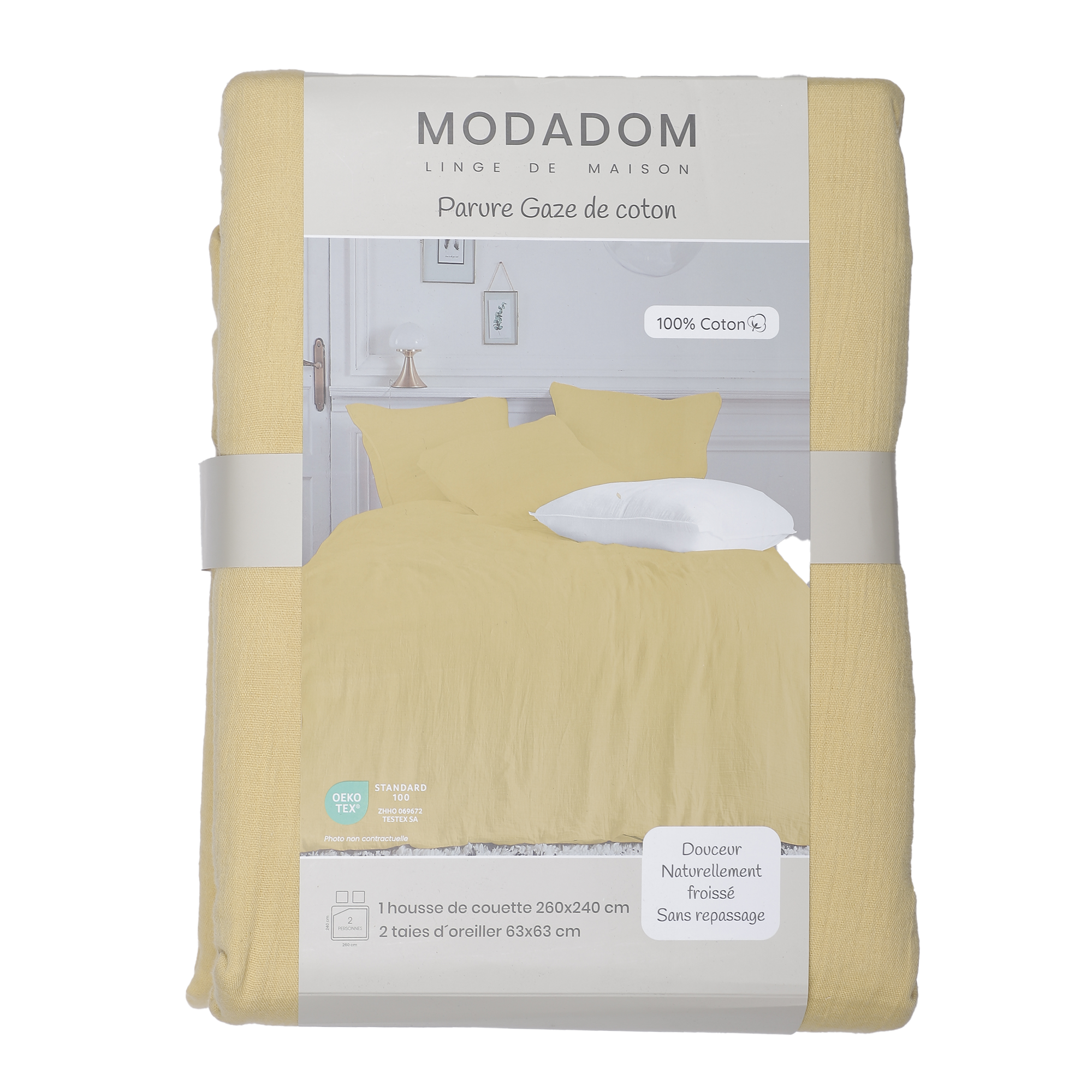 Parure housse de couette gaze de coton ocre 240x260 cm + 2 taies d'oreillers 63x63 cm