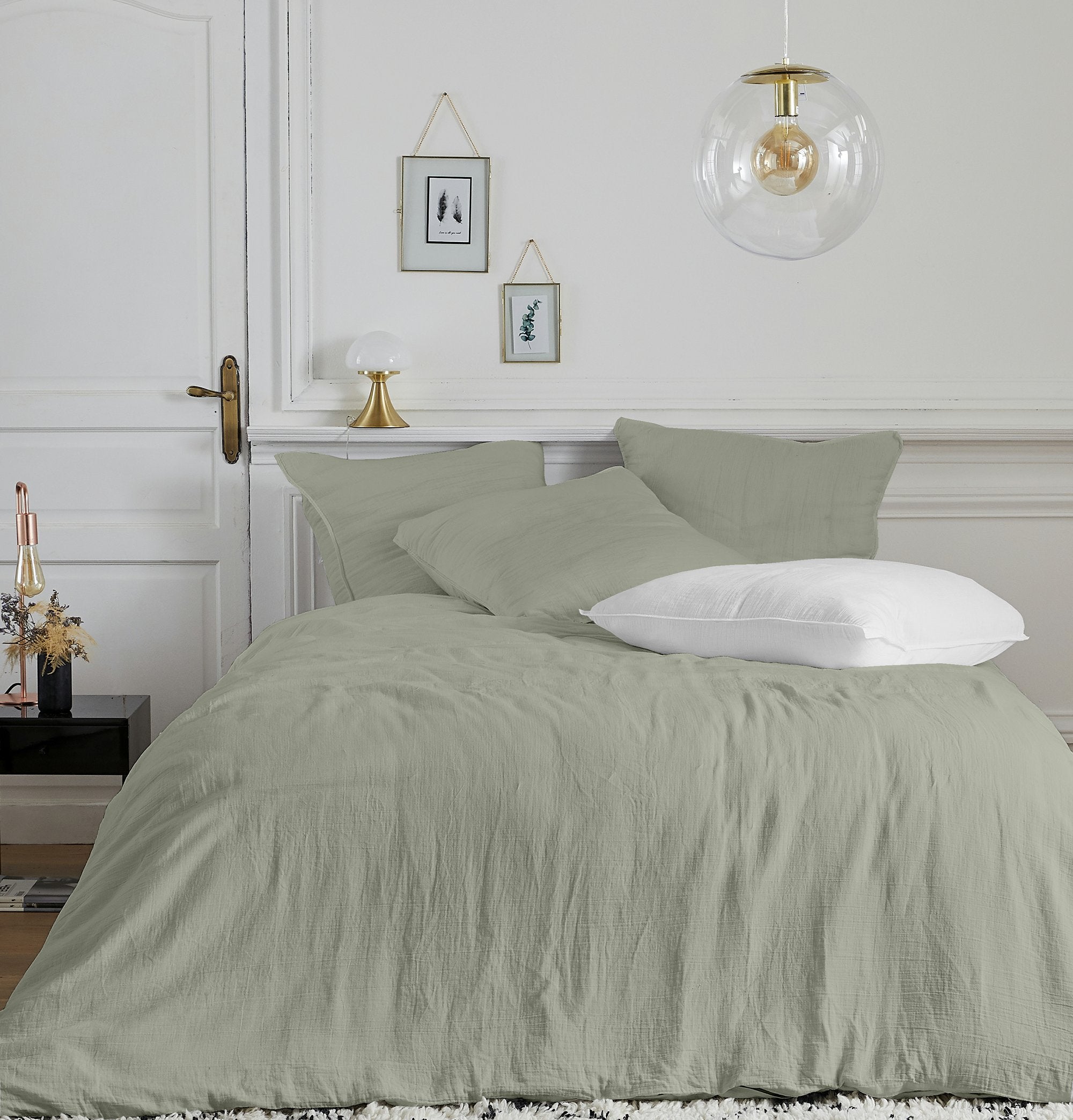 Housse de couette gaze de coton vert + 2 taies d'oreillers