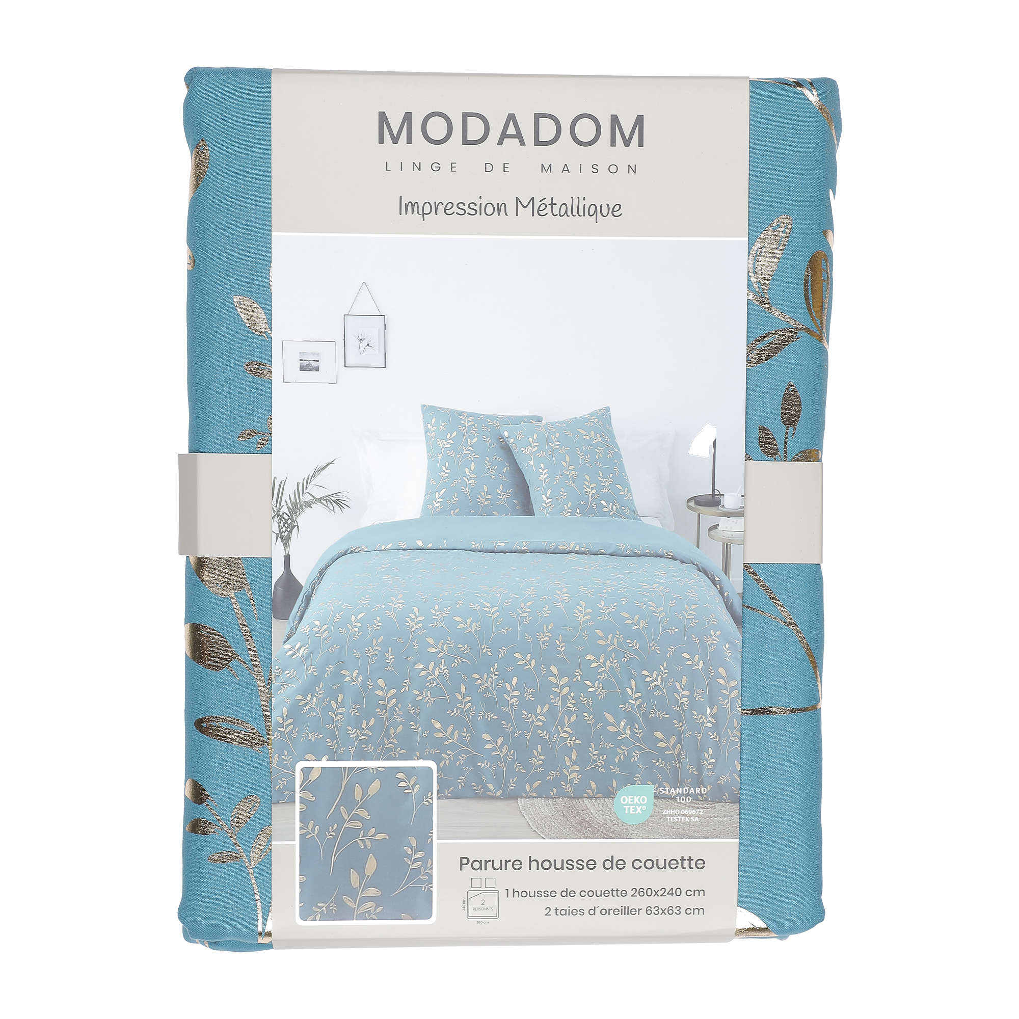 Parure housse de couette 260x220 cm + 2 taies d'oreillers microfibre imprimée métal  - Gris