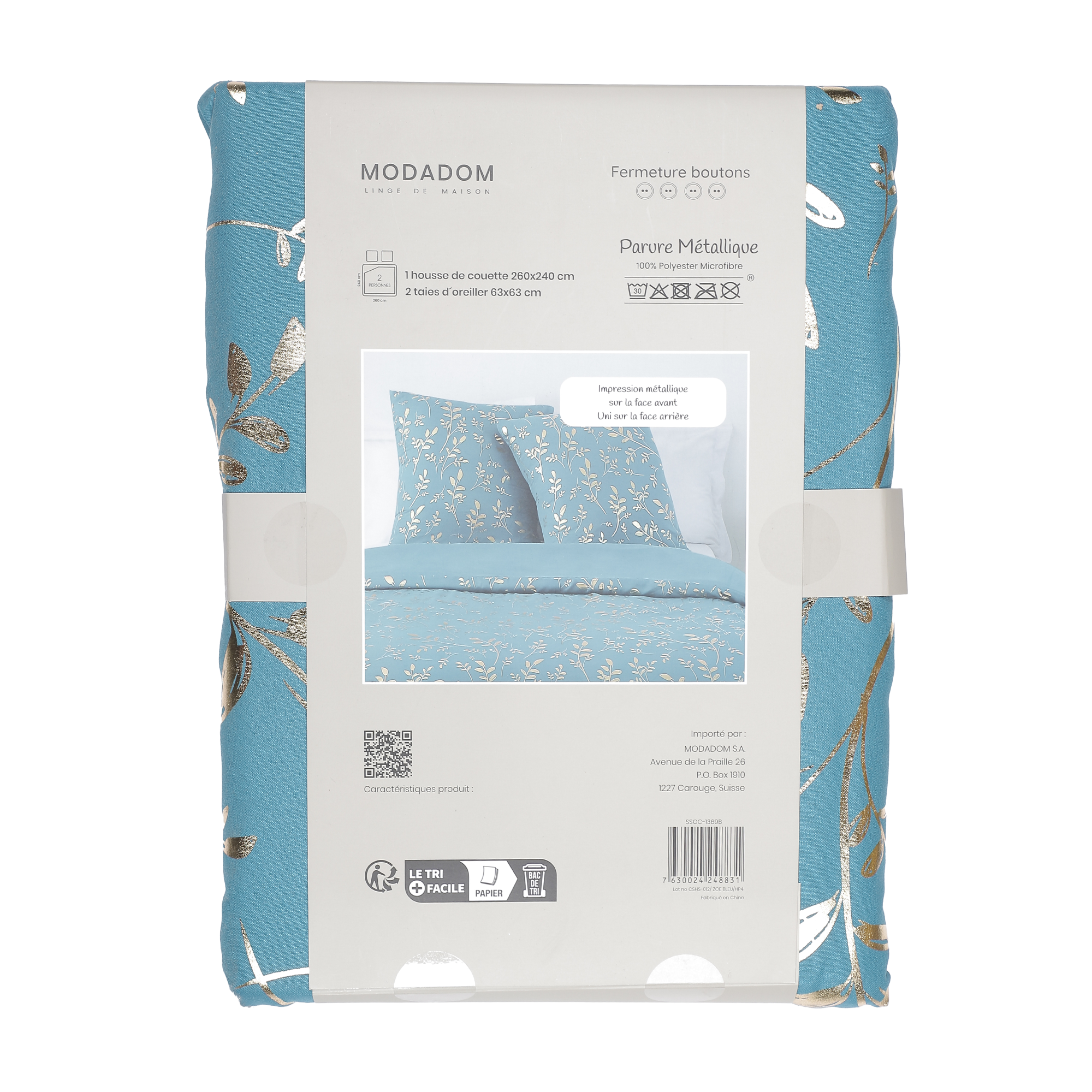 Parure housse de couette 260x220 cm + 2 taies d'oreillers microfibre imprimée métal  - Bleu