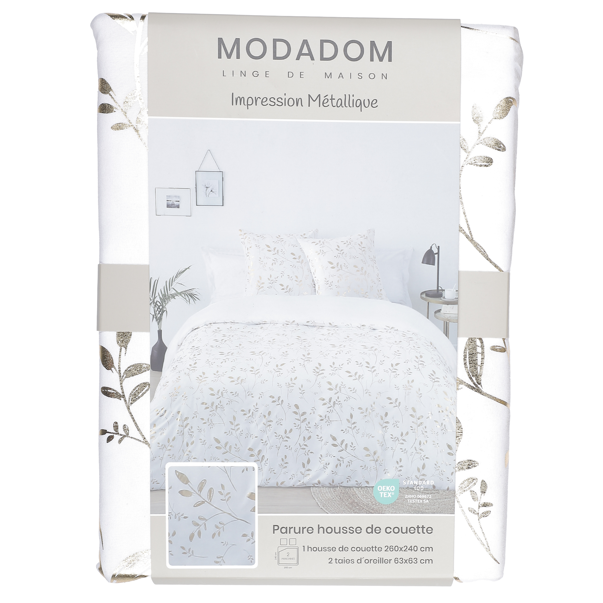 Parure housse de couette 260x220 cm + 2 taies d'oreillers microfibre imprimée métal  - Blanc