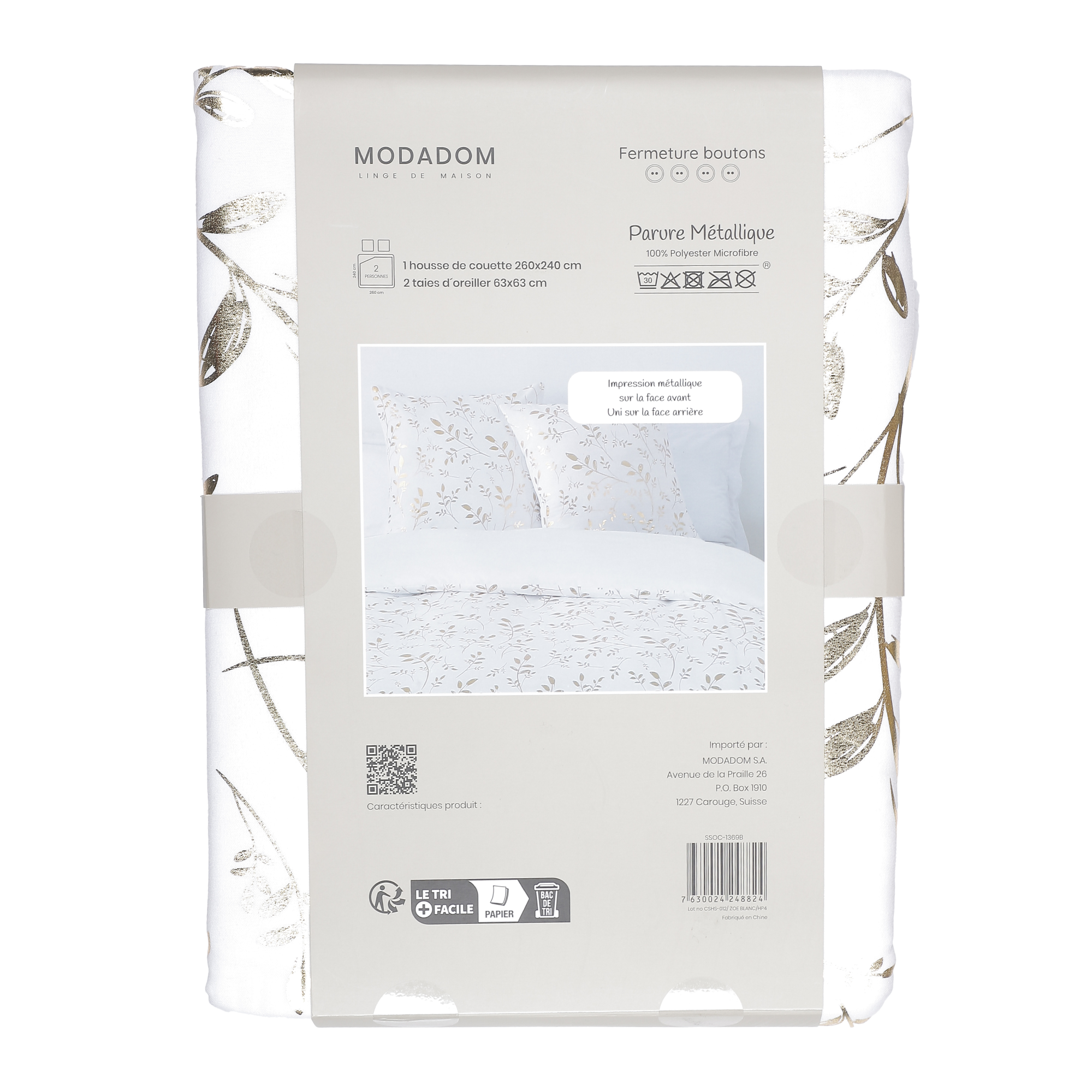 Parure housse de couette 260x220 cm + 2 taies d'oreillers microfibre imprimée métal  - Gris