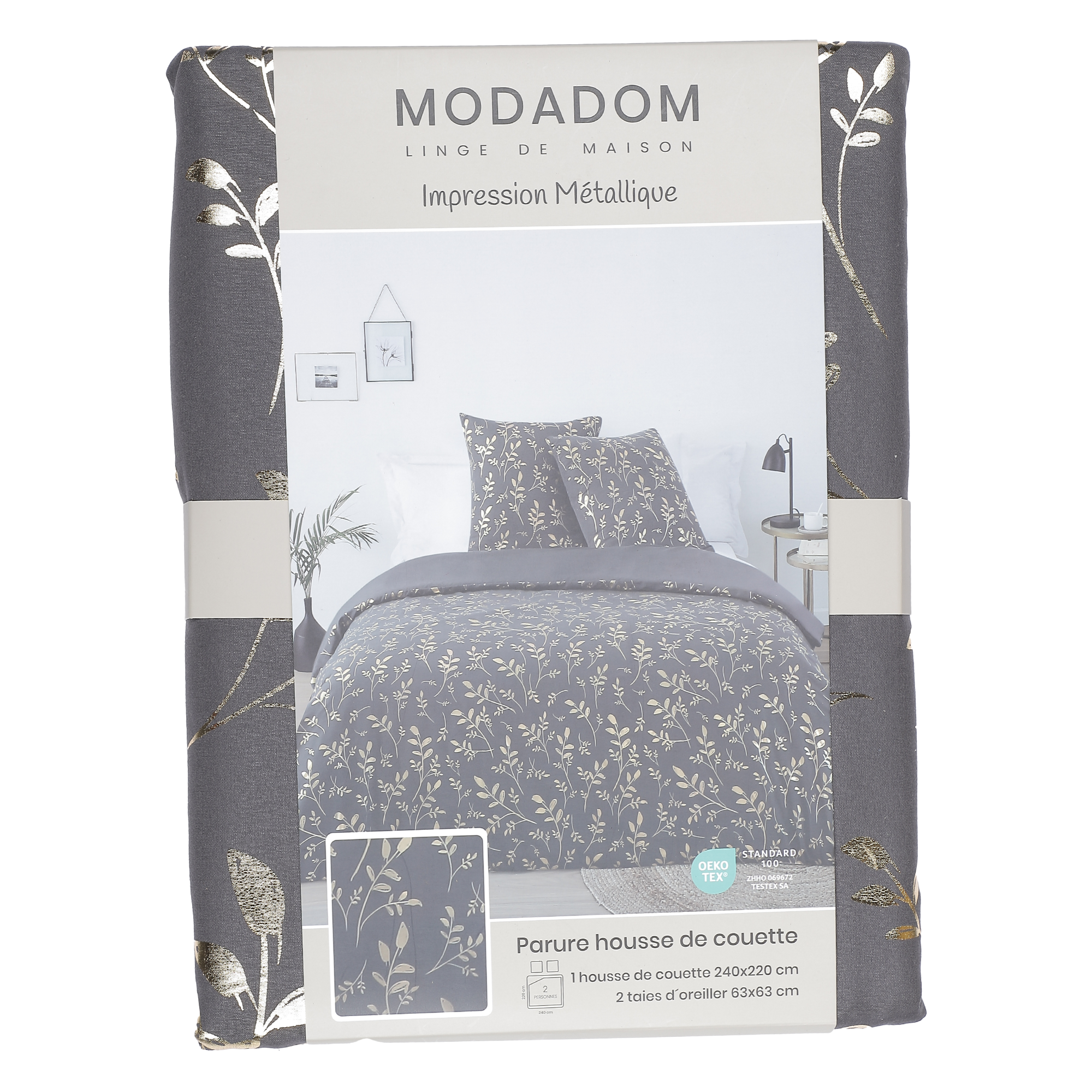 Parure housse de couette 260x220 cm + 2 taies d'oreillers microfibre imprimée métal  - Gris