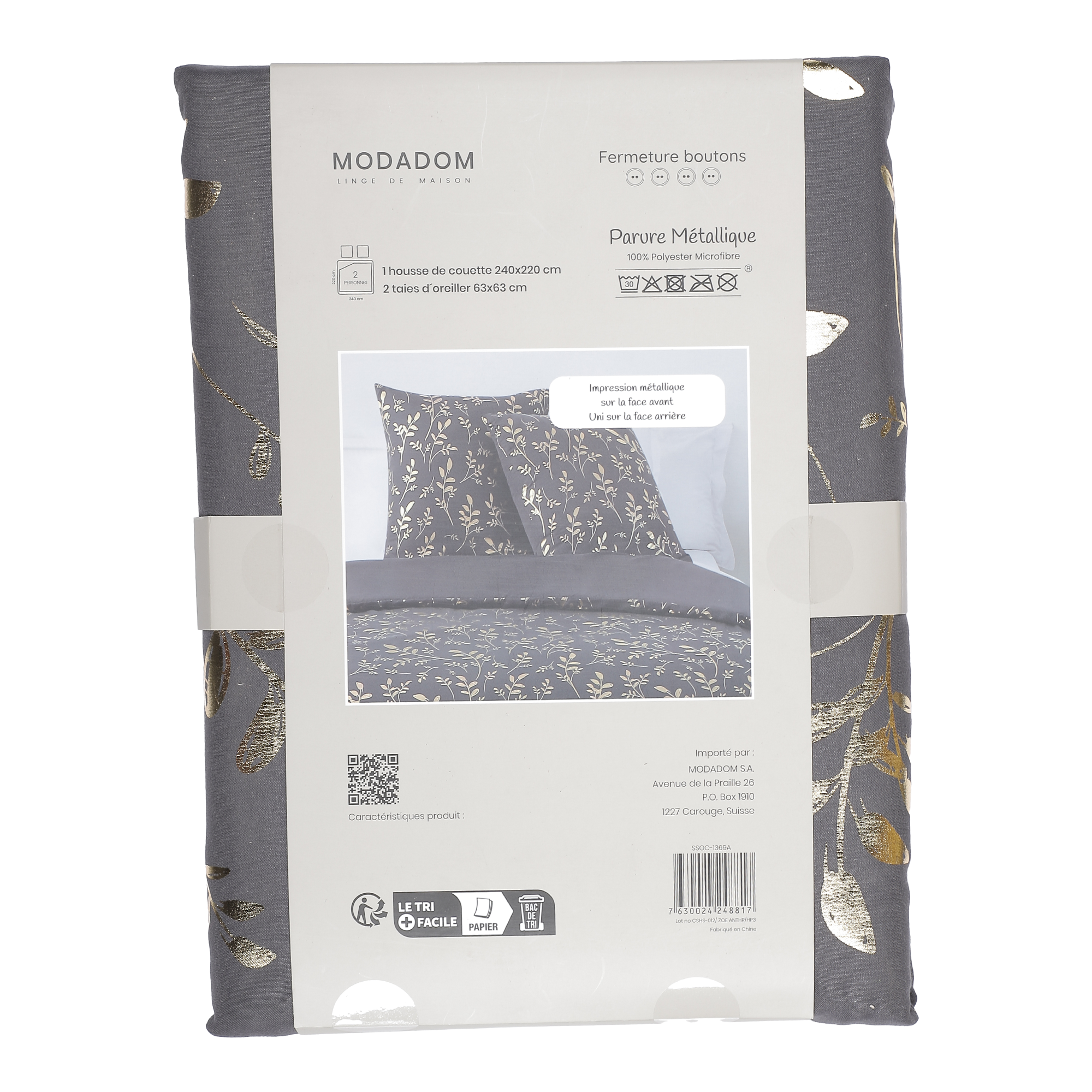 Parure housse de couette 260x220 cm + 2 taies d'oreillers microfibre imprimée métal  - Blanc