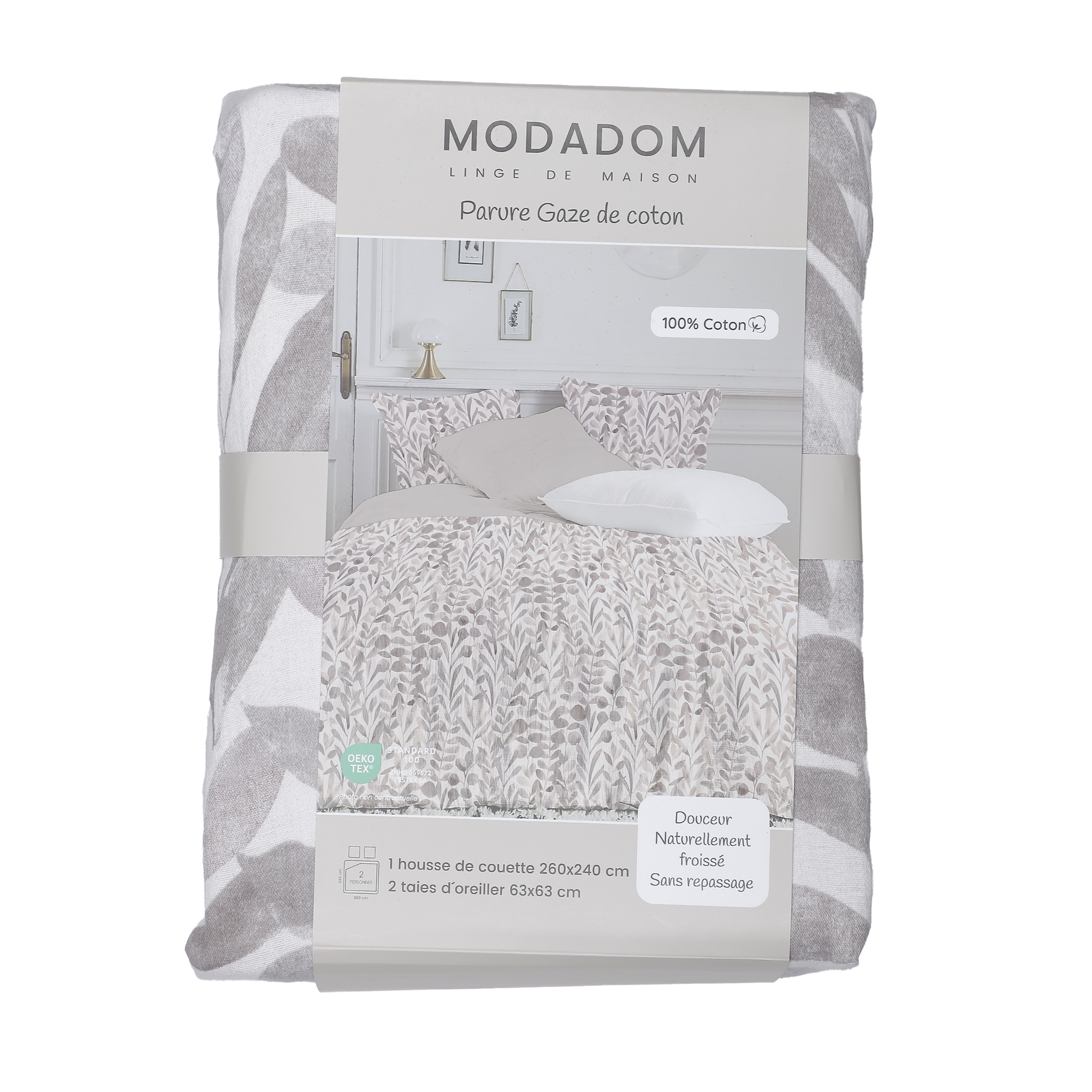 Parure housse de couette 260x240 cm +2 taies d'oreillers 63x63 cm gaze de coton  - Gris